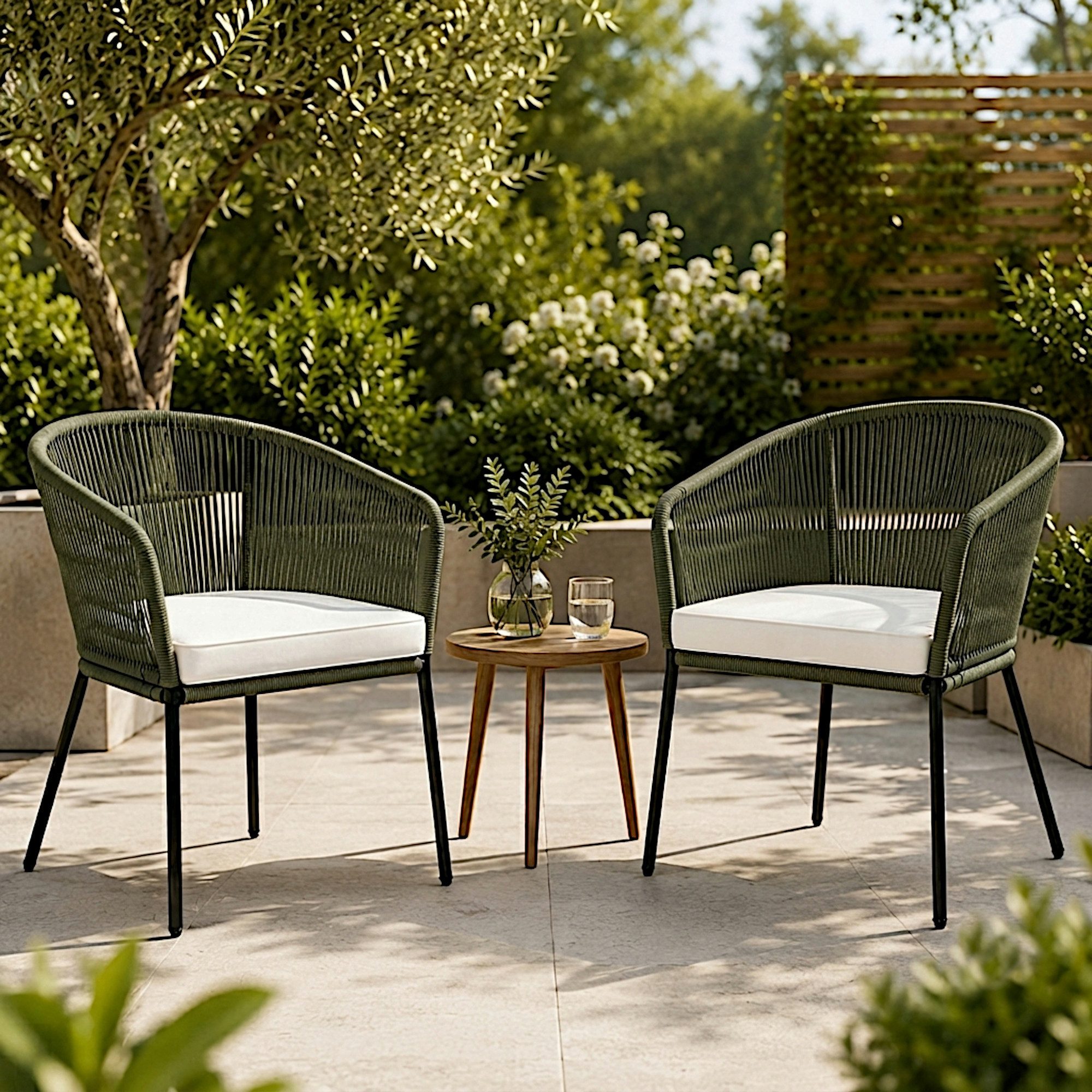 ESTEXO Gartenstuhl Lounge Stuhl 2er Set Gartensessel Rope Loungesessel Outdoor Oliv