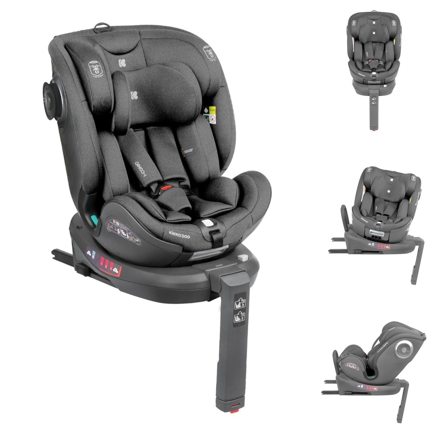 Kikkaboo cm) Isofix, i-Size, Kindersitz dunkelgrau i-Conic, drehbar 360° (40-150 bis: Stützbein, 36 Autokindersitz kg,