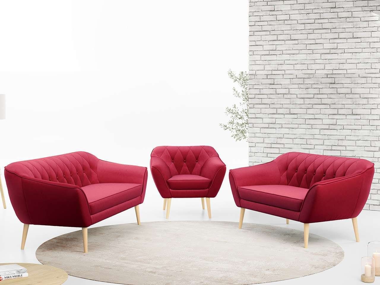 MKS MÖBEL Sofa PIRS 3 2 1, Moderne Sofa Set, Skandinavische Deko Rot Casablanca