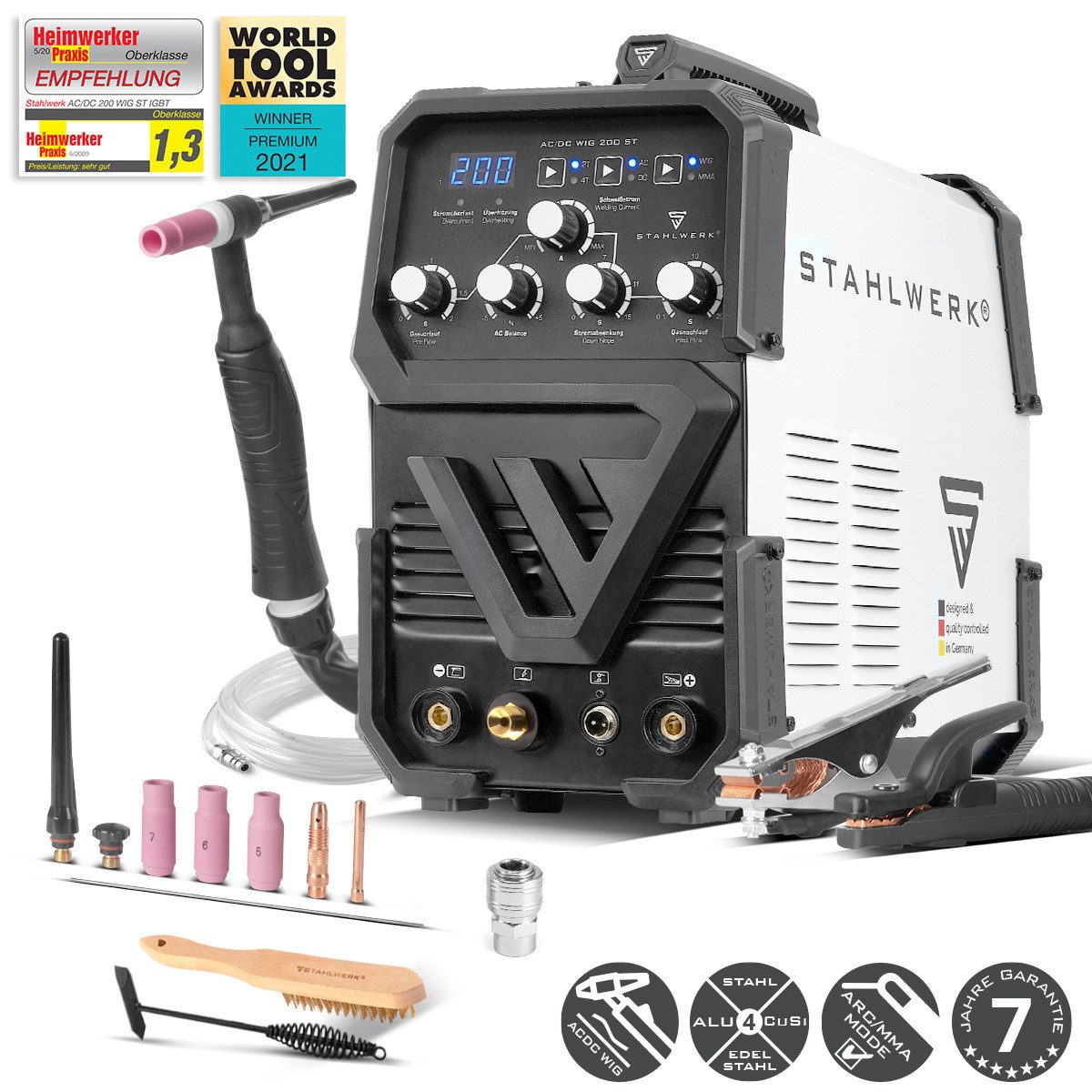 STAHLWERK Inverterschweißgerät AC/DC WIG 200 ST Schweißgerät 200 A AC/DC WIG HF E-Hand MMA, 30 - 200 A, Packung}, 10-tlg., Einzelgerät, Kombi Schweißgerät mit 200 Ampere für WIG & ARC MMA