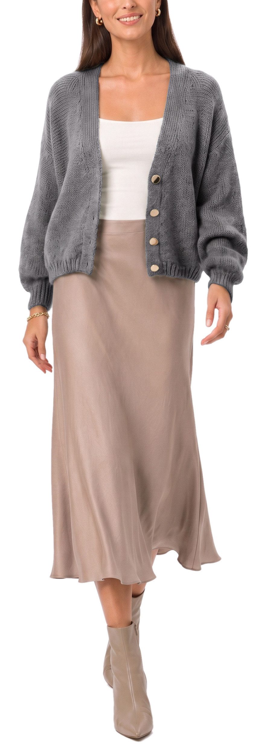 dy_mode Strickjacke Damen Cardigan Grobstrick Strickjacke V-Ausschnitt Übergangsjacke Grobstrick, in Unifarbe, V-Ausschnitt – Bild 3 von 5