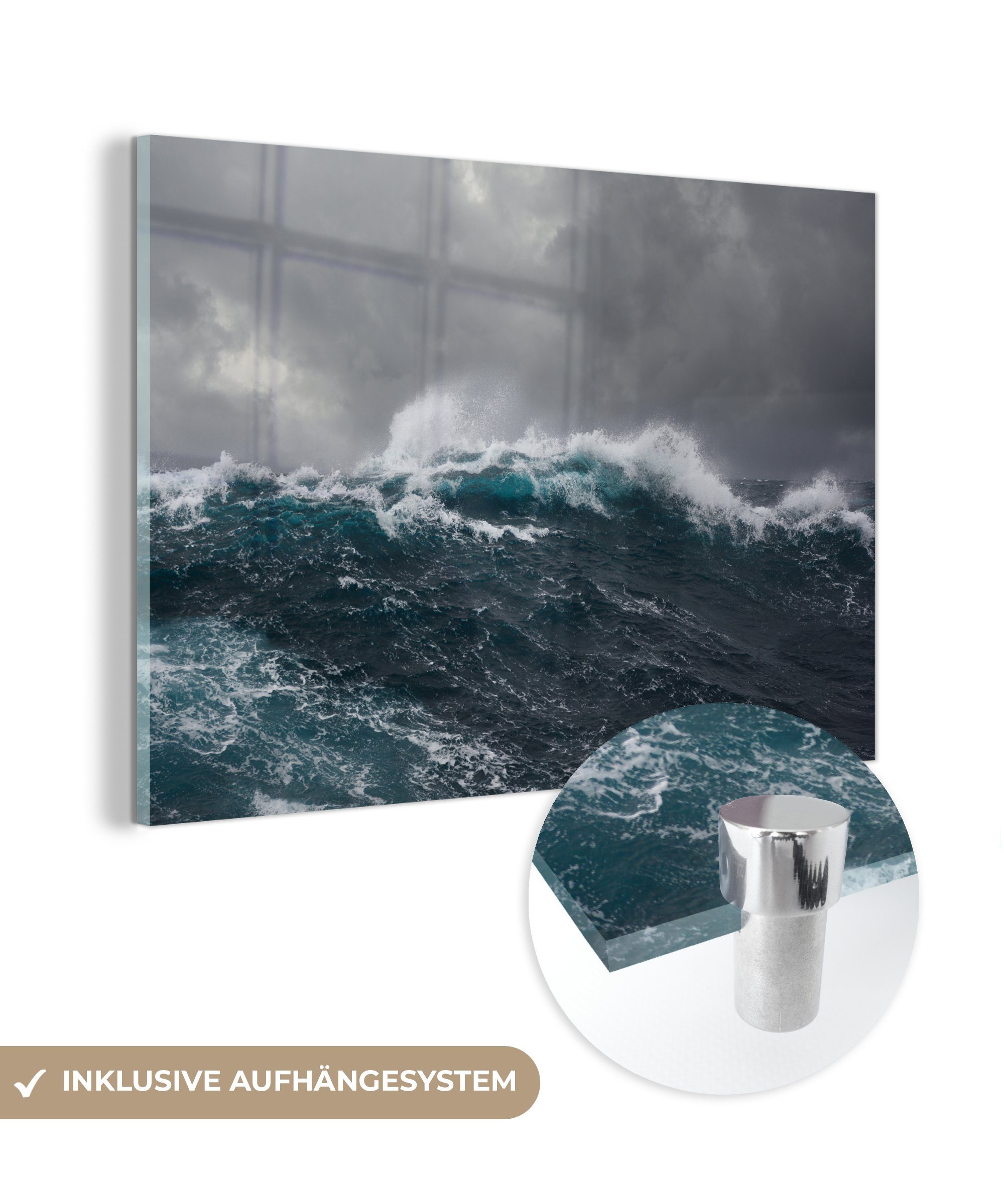 Welle, (1 Glas auf - - auf Wandbild - Wanddekoration Foto Acrylglasbild Glasbilder - Glas Sturm MuchoWow St), Bilder - Meer