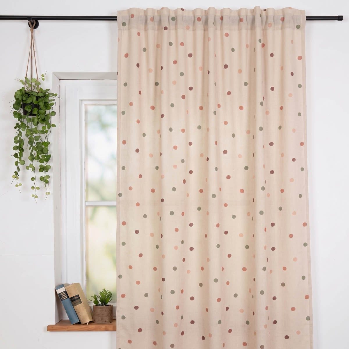 SCHÖNER LEBEN. Vorhang Vorhang Leinenlook Punkte natur rosa grün 245x130cm, Smokband, blickdicht, Baumwolle, aus recyceltem Material