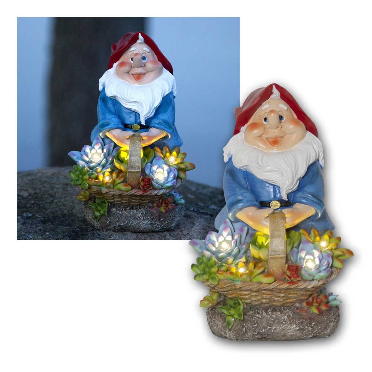 STAR TRADING LED Solarleuchte LED Solar-Figur "Gnomy" Zwerg mit Blumenkorb, IP44, warmweiß