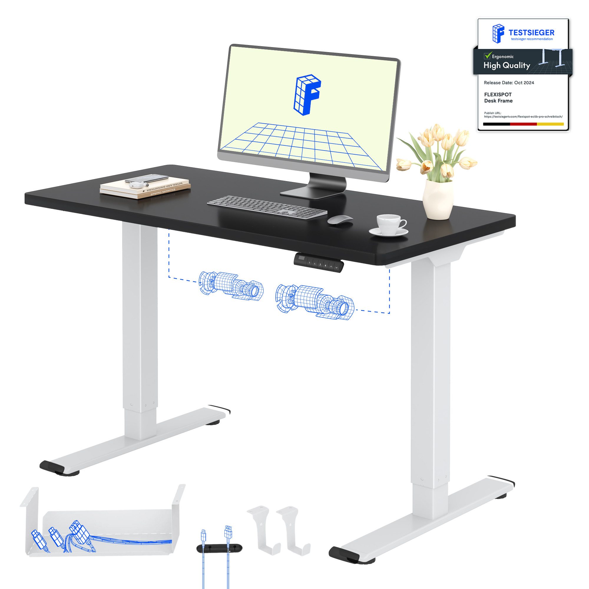 FLEXISPOT Schreibtisch Basic Plus höhenverstellbarer Schreibtisch mit Premium-Zubehör-Set (2 Motore & 2-Fach-Teleskop & 4 Höhenspeichertasten), MIT 25MM einteiliger Tischplatte, 120/140/160/180