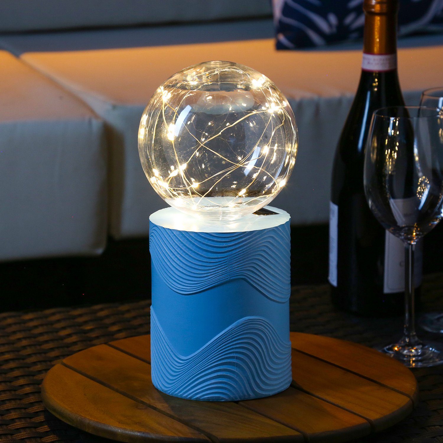 MARELIDA LED Solarleuchte LED Solar Tischlampe GLOW blau Kugelleuchte m. Drahtlichterkette Außen, LED Classic, warmweiß (2100K bis 3000K)