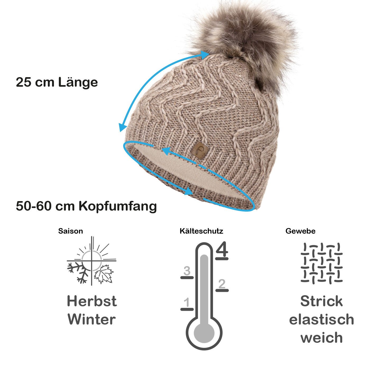 Faera Bommelmütze Wintermütze Damen Herren Mütze Beanie Haube gefüttert Bommelmütze