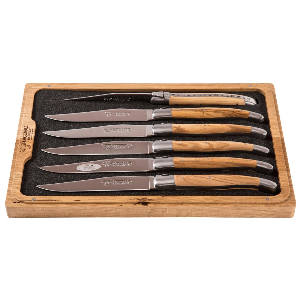 Laguiole en Aubrac Стейк ножи 6 Steak Ножи Olivenholz (6 Stück), original mit Zertifikat und Holzbox, Handarbeit