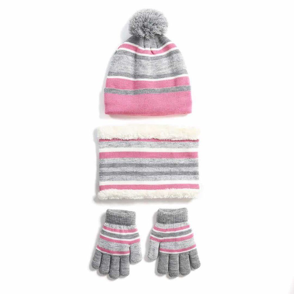 GelldG Handschuhe Set Kinder Wintermütze Winterschal Warme Streifen pink Strickhandschuhe
