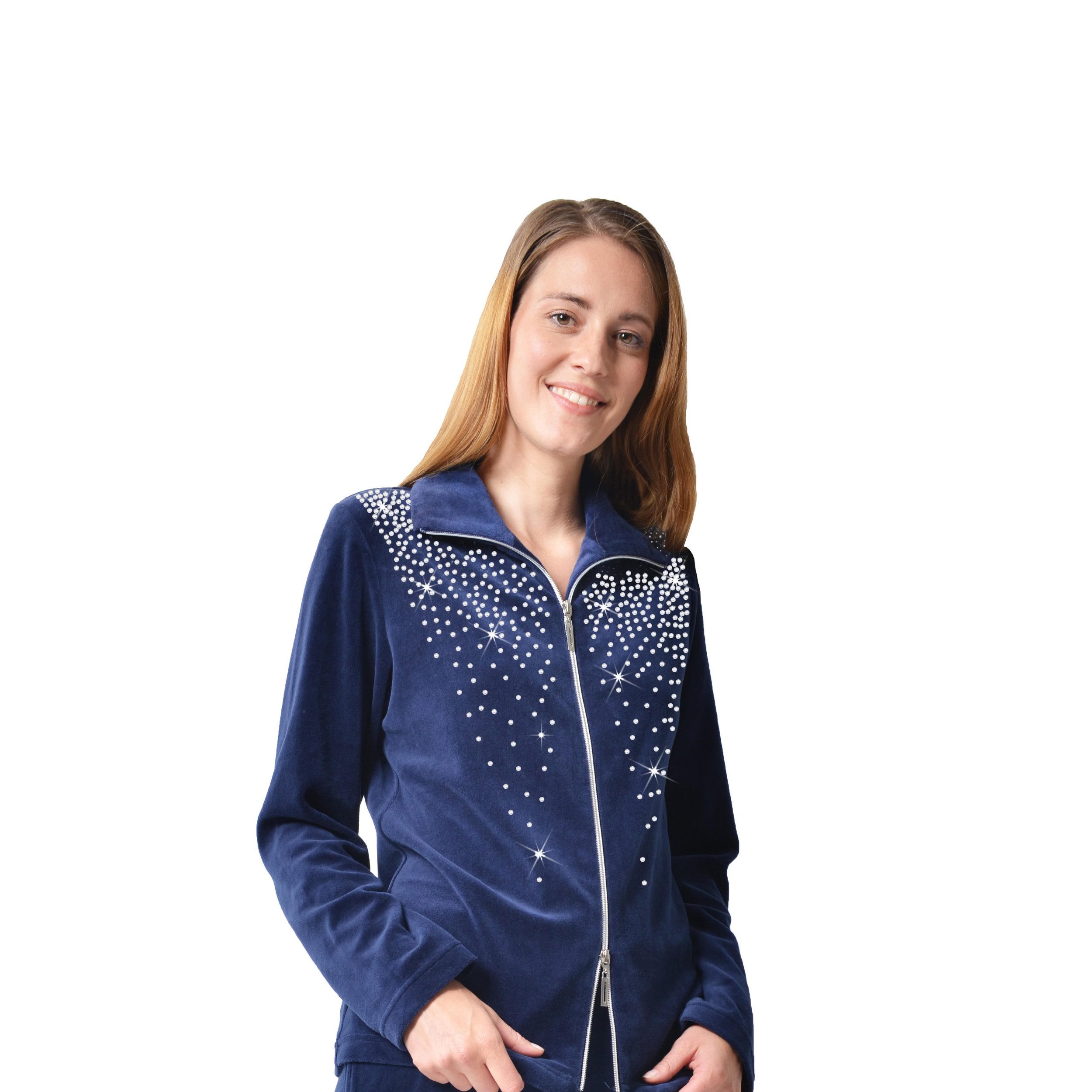 M-Diamant Sweatjacke Eleganten Damen Freizeitjacke Hausjacke Glitzersteinen aus Nicki (Einzeljacke, Einzelartikel) Glitzersteine auf der Brust, samtige Nicki-Struktur