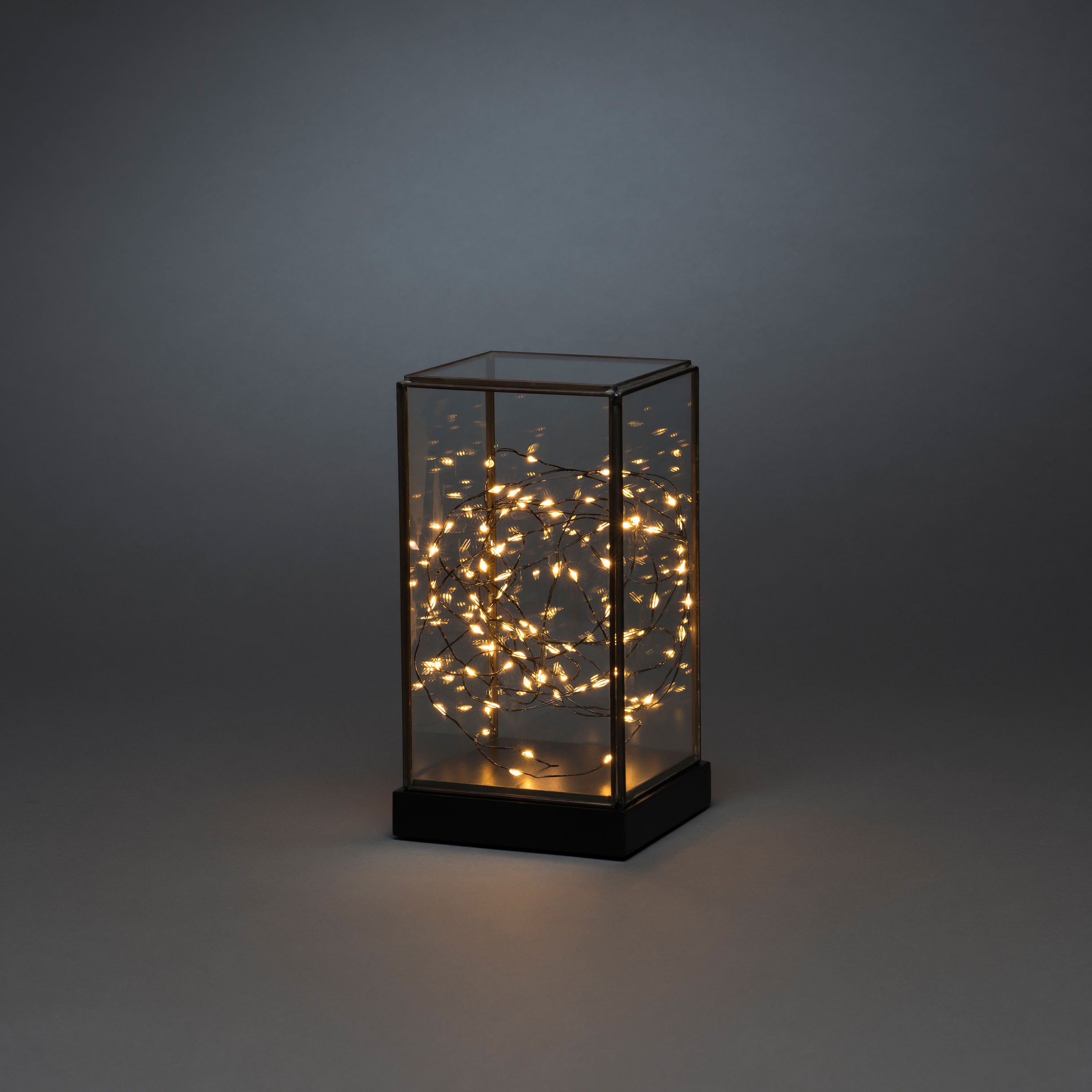 LED Glaslaterne KONSTSMIDE rechteckig fest LED Weihnachtsdeko, LED schwarzem mit Laterne Holzfundament integriert,