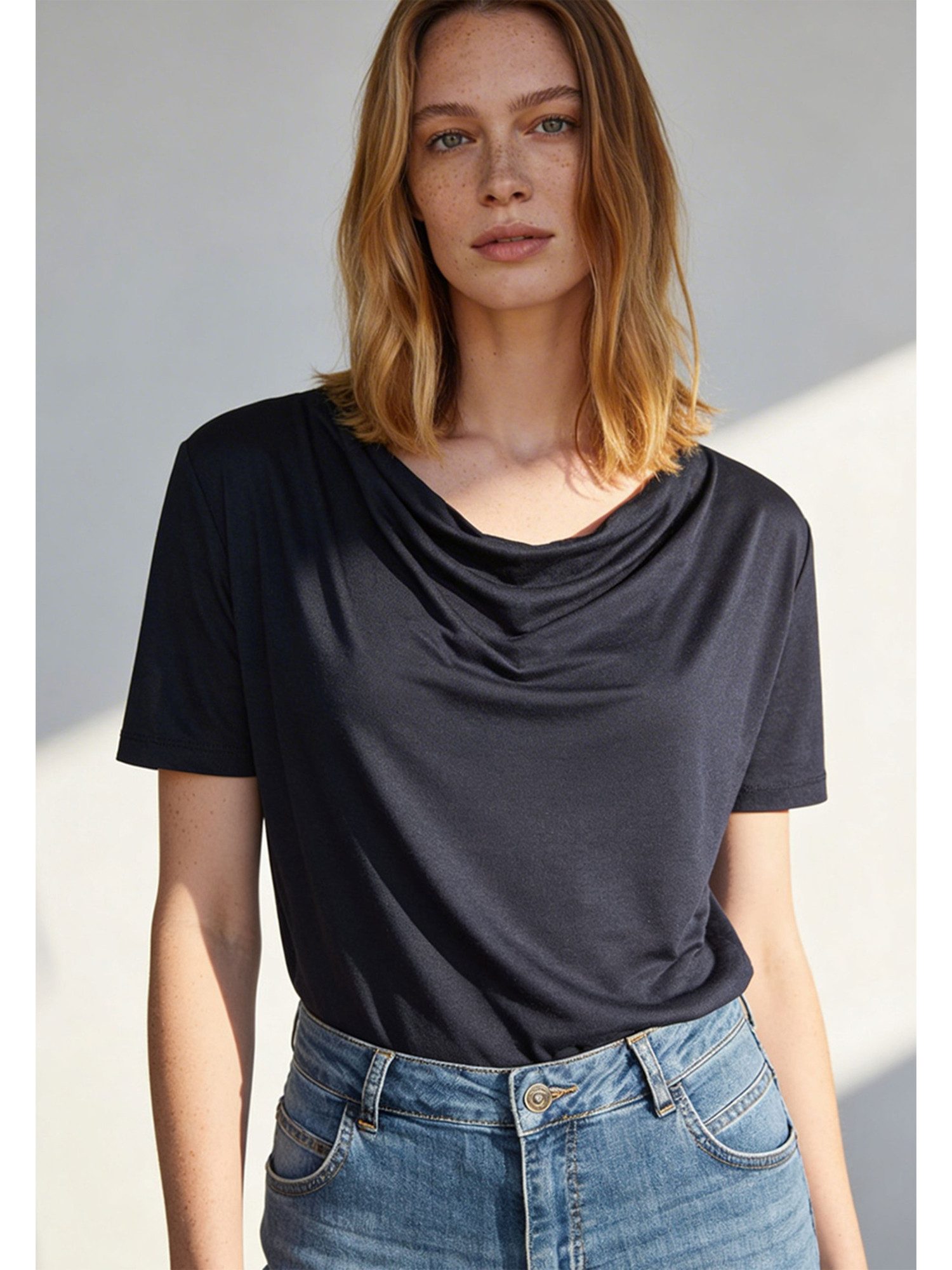 MORE&MORE T-Shirt feminines Shirt mit Wasserfall-Ausschnitt