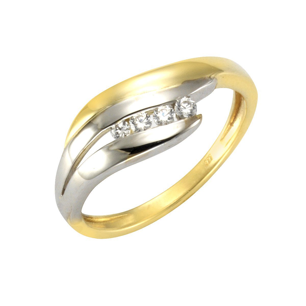 Fingerring 333/- Gelb- und Weißgold 4x Zirkonia