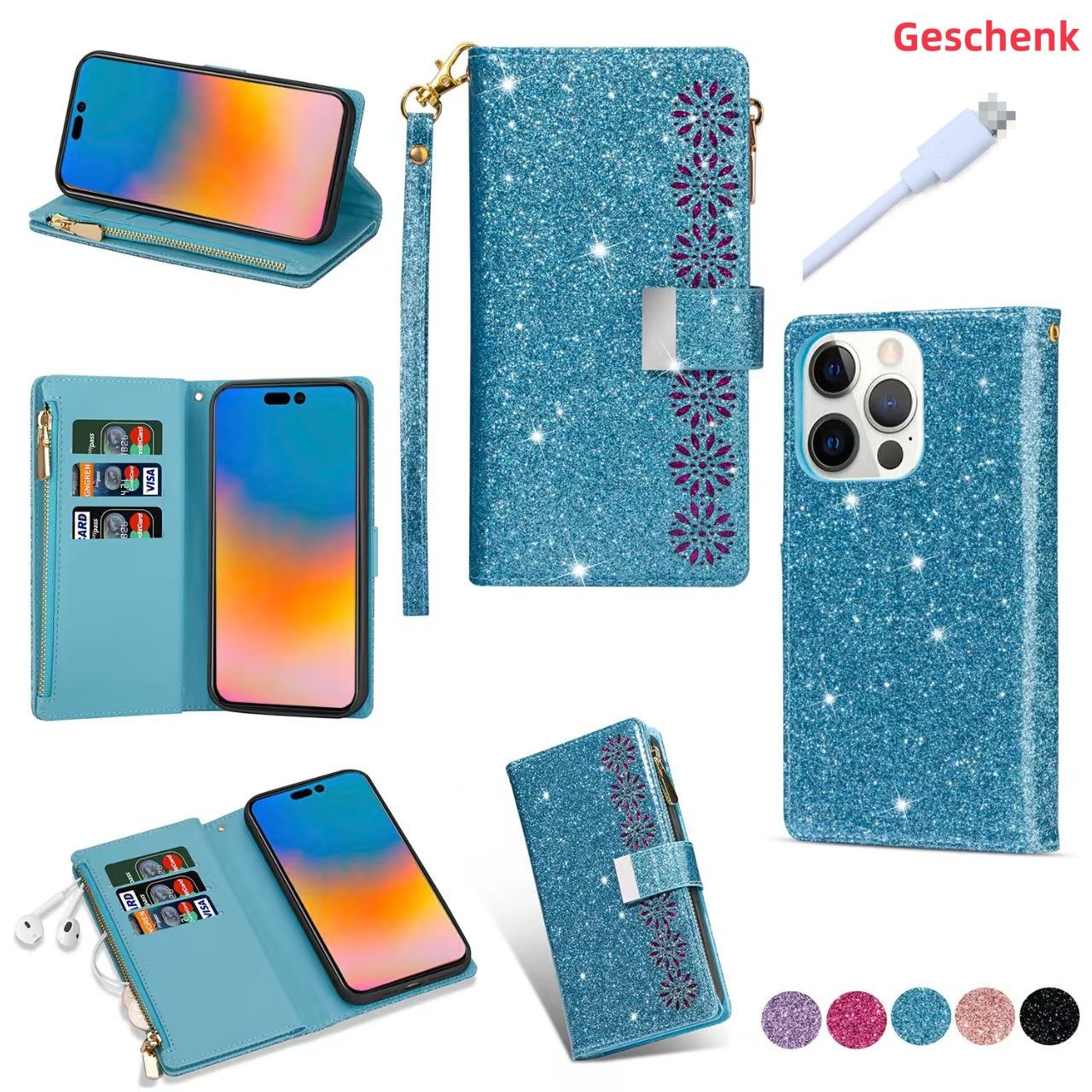 trends for living Handyhülle Glitzer Hülle Tasche für iPhone 14 15 Pro Max Klapp Case Cover Seil