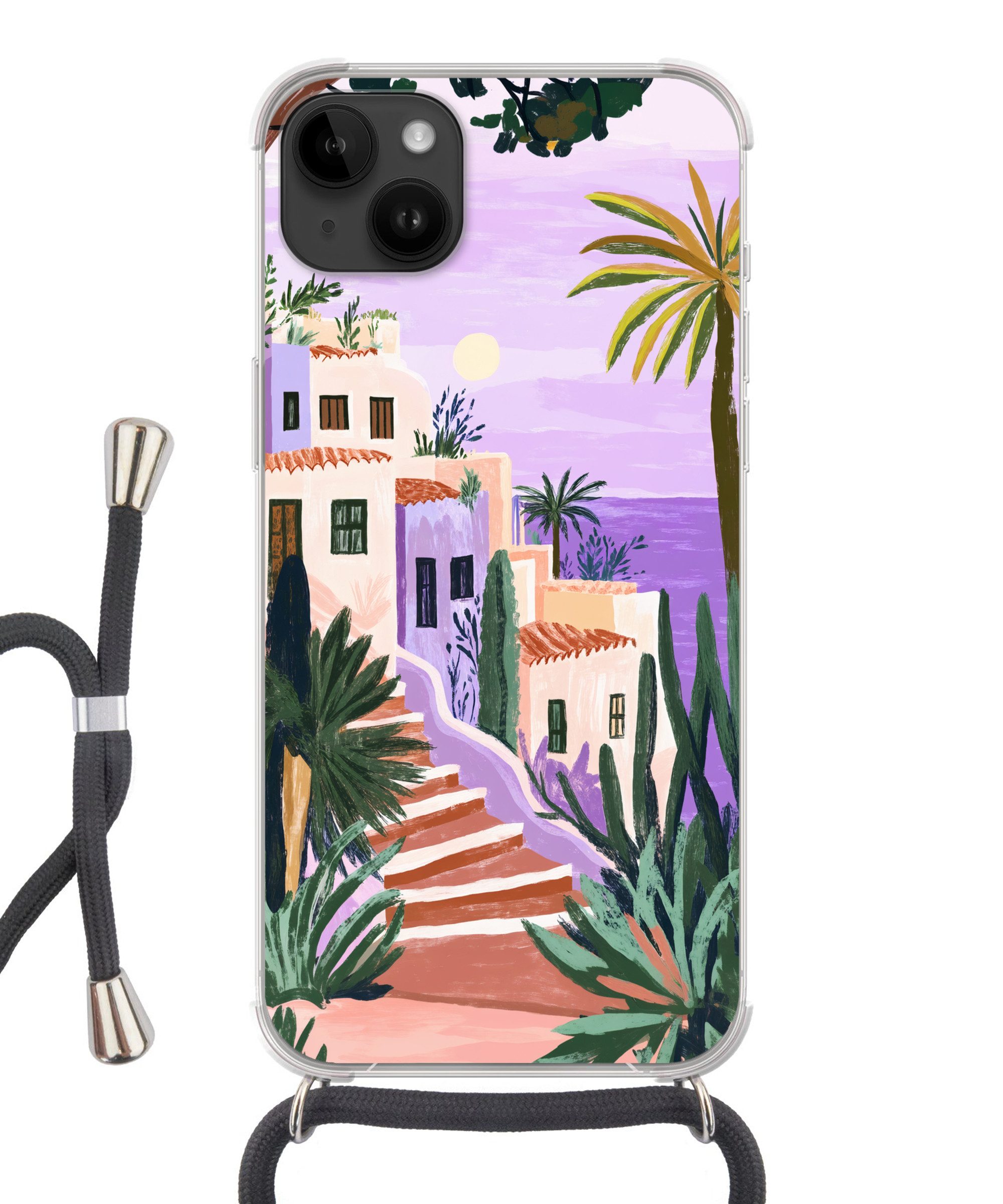 MuchoWow Handyhülle für Apple iPhone 14 Max Häuser - Minimalistisch - Palmen - Küstenlands, Tragbare Handyhüllen mit Kette zum umhängen, Handykette Handyband