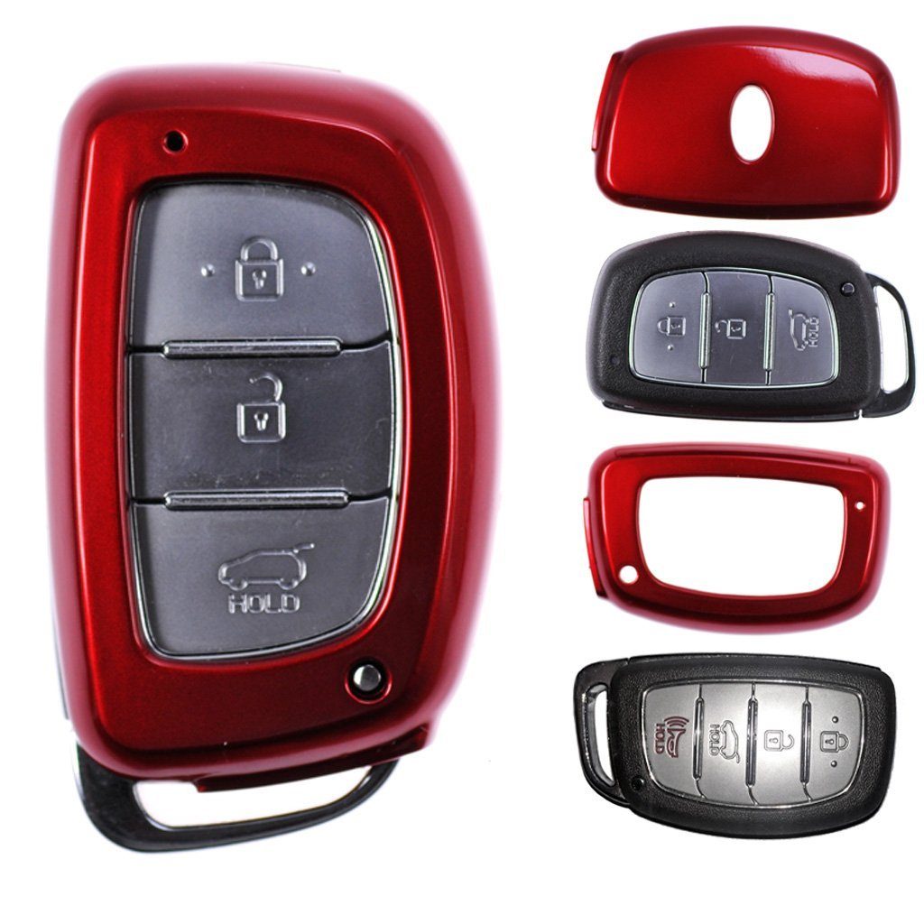 mt-key Schlüsseltasche Autoschlüssel Hardcover Schutzhülle Metallic Rot, für Hyundai Tucson i40 i10 i20 ix35 KEYLESS SMARTKEY