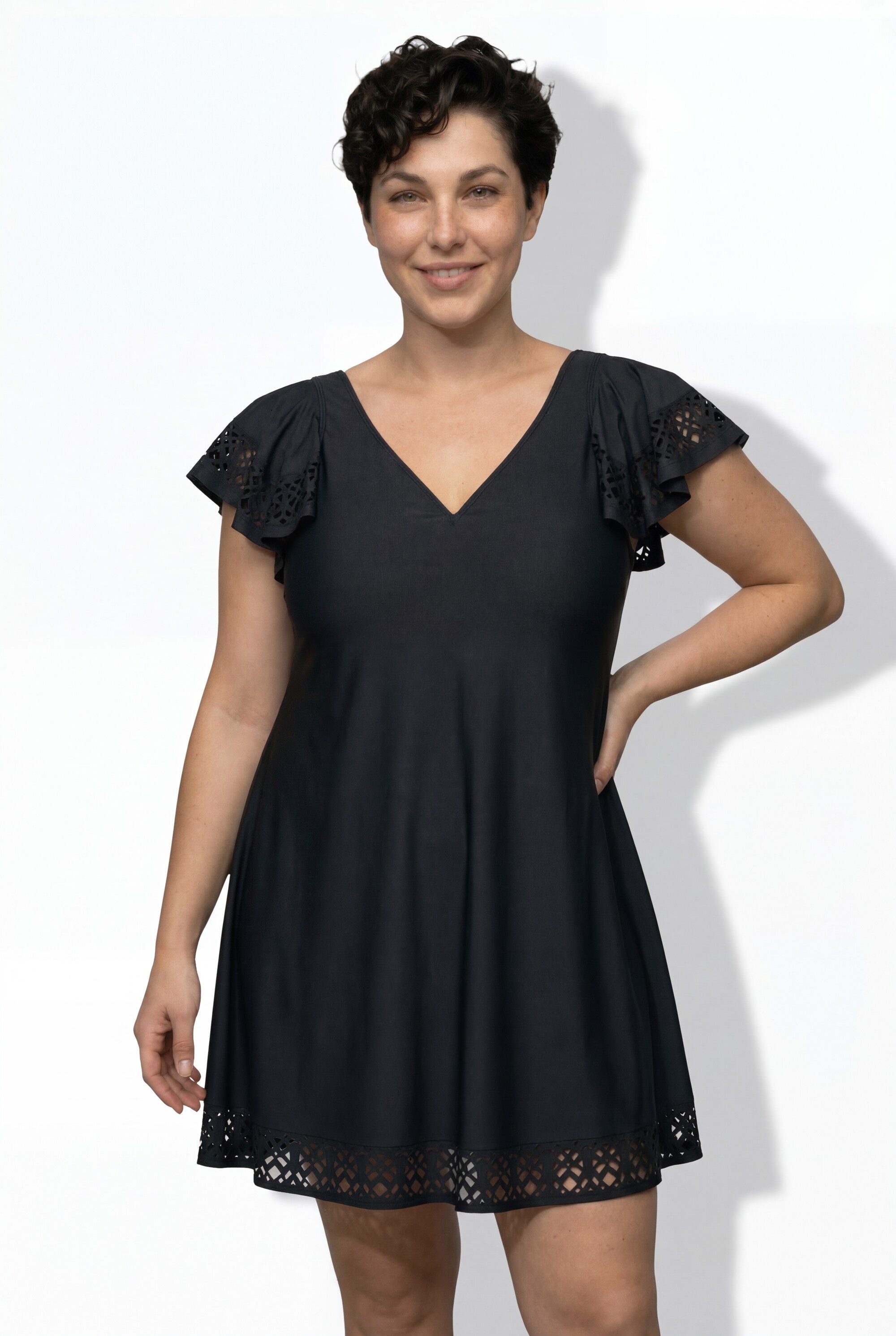 Ulla Popken Badekleid Badekleid Flügelärmel Softschalen Lasercut-Muster