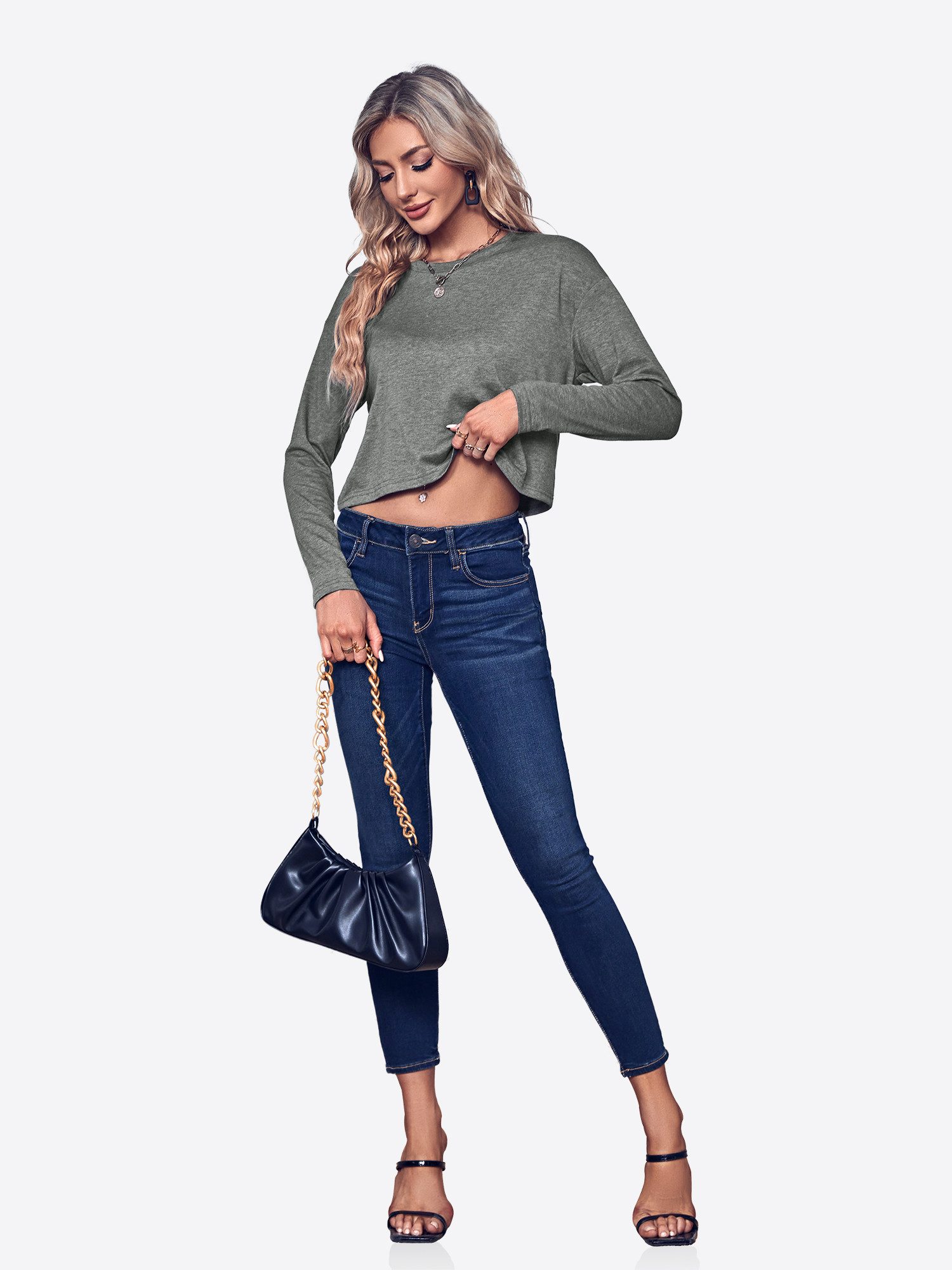 Imily Bela Langarmshirt Damen Cropped Rundhalsausschnitt Loose Fit Basic (Packung, 1-tlg., 1per-Pack) in Unifarbe – Bild 3 von 5