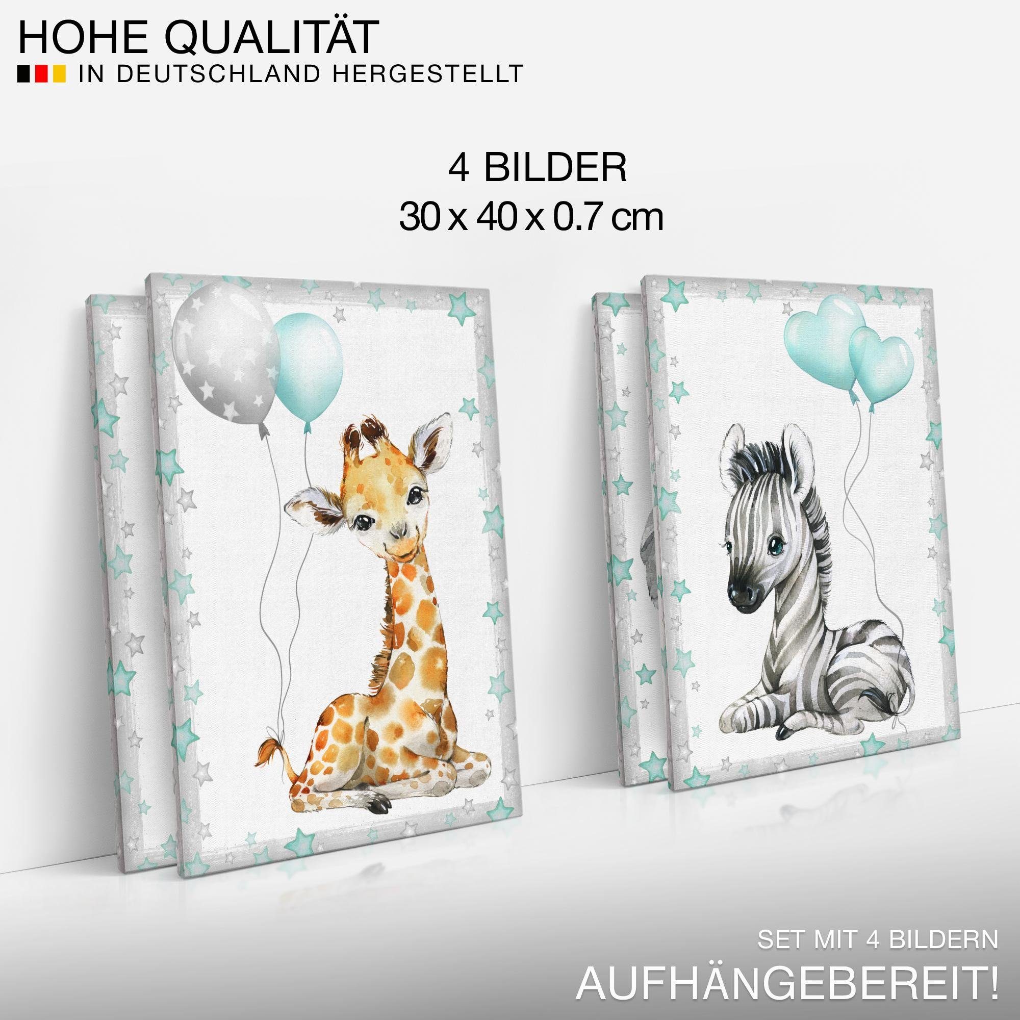 Novart Wandbild Kinderzimmer Wandbilder Set Tiere - 4 Bilder 30x40 cm Aufhängfertig