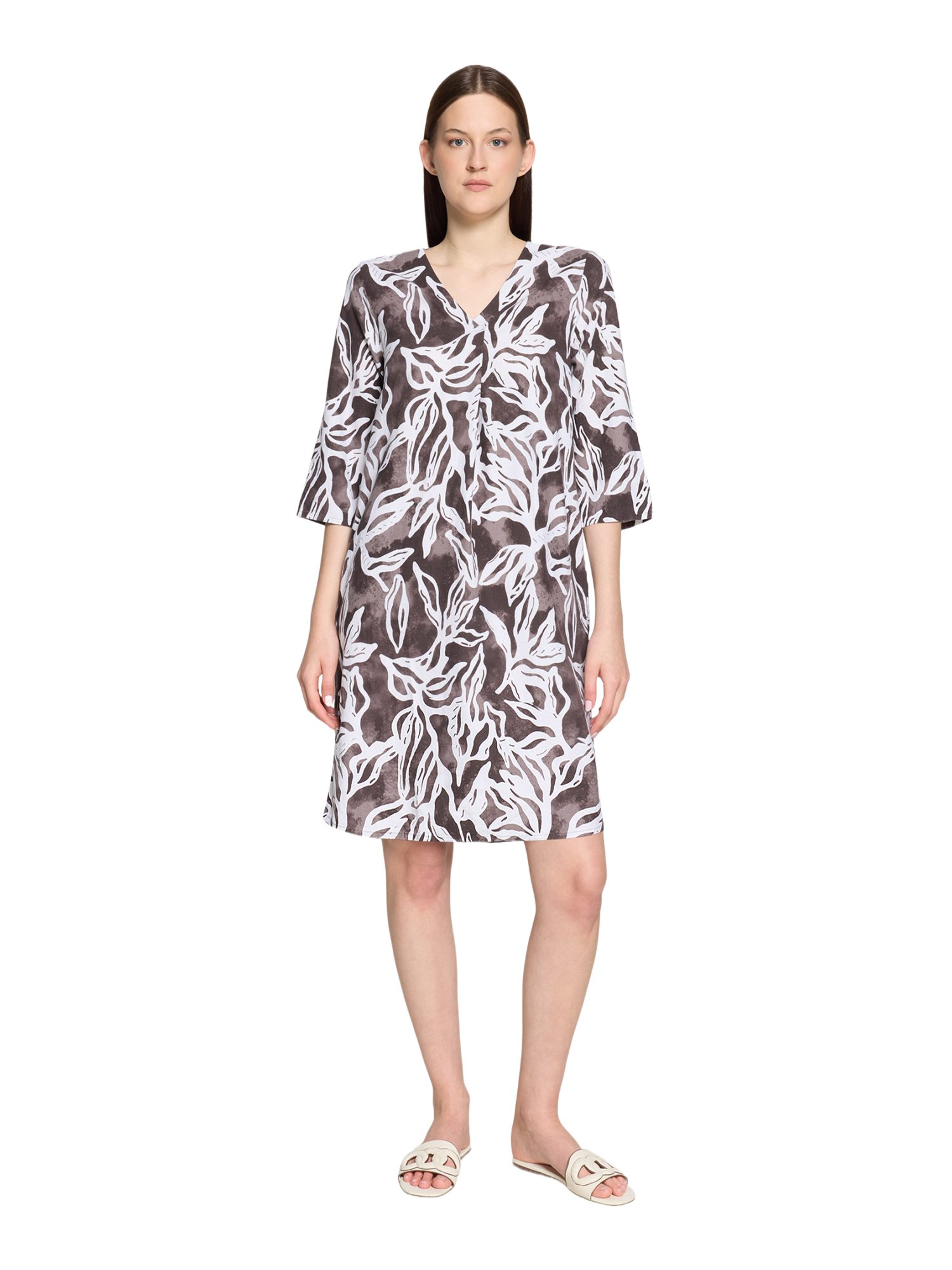 Cartoon Partykleid braun,Casual,Leinen,Floral,V-Ausschnitt,1/2 Arm,Gerade