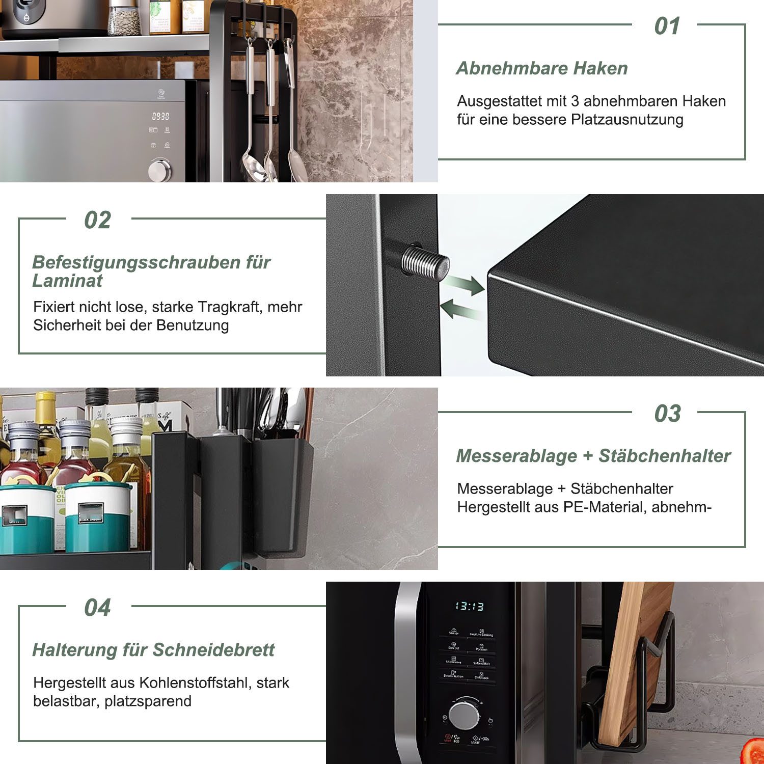 SURFOU Standregal Mikrowellen Regal 3-stufiges Mikrowellenständer Erweiterbares, mit 6 Haken Essstäbchenhalter Messerhalter Schneidebretthalter Küchenregal, für – Bild 5 von 5