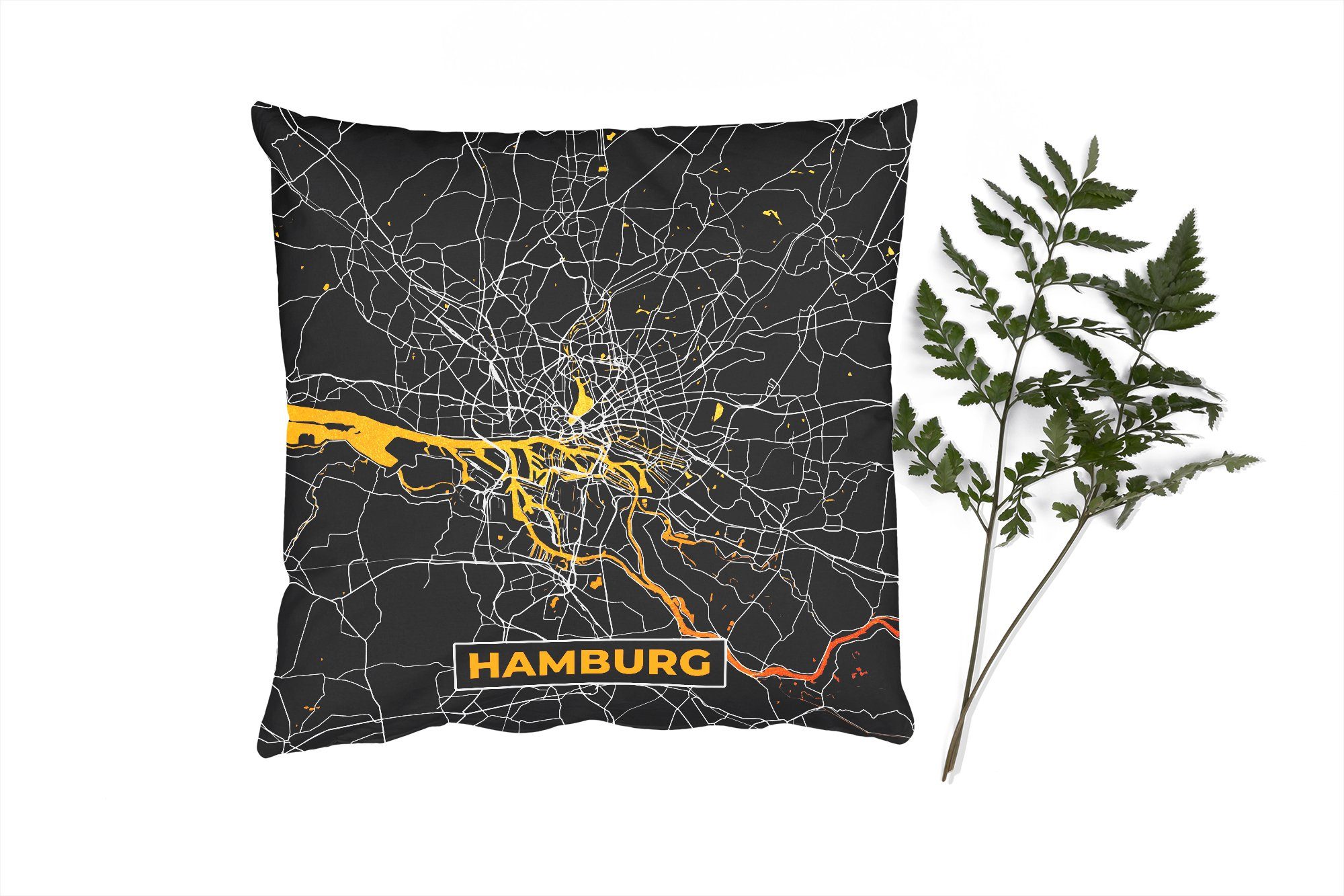 MuchoWow Dekokissen Hamburg - Deutschland - Karte - Gold - Stadtplan, Zierkissen mit Füllung für Wohzimmer, Schlafzimmer, Deko, Sofakissen