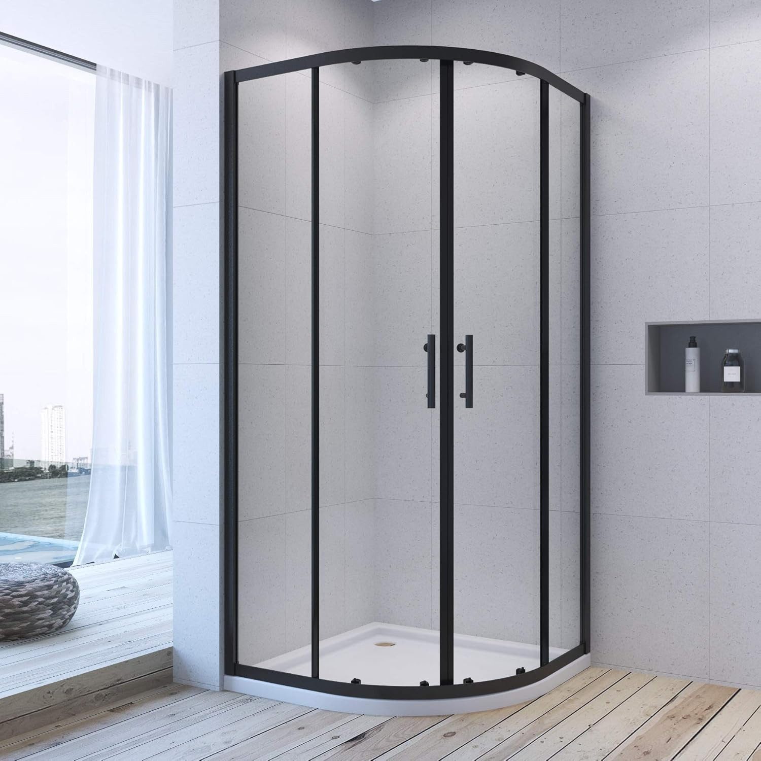 AQUALAVOS Runddusche Viertelkreis Eck Duschkabine 195 cm mit Schiebetür 16-Rollen-System, BxT: 80x80 cm, 5/6 mm Nano Einscheiben-Sicherheitsglas, Vollrahmung für hohe Stabilität und Dichtigkeit, Einfach zu reinigen