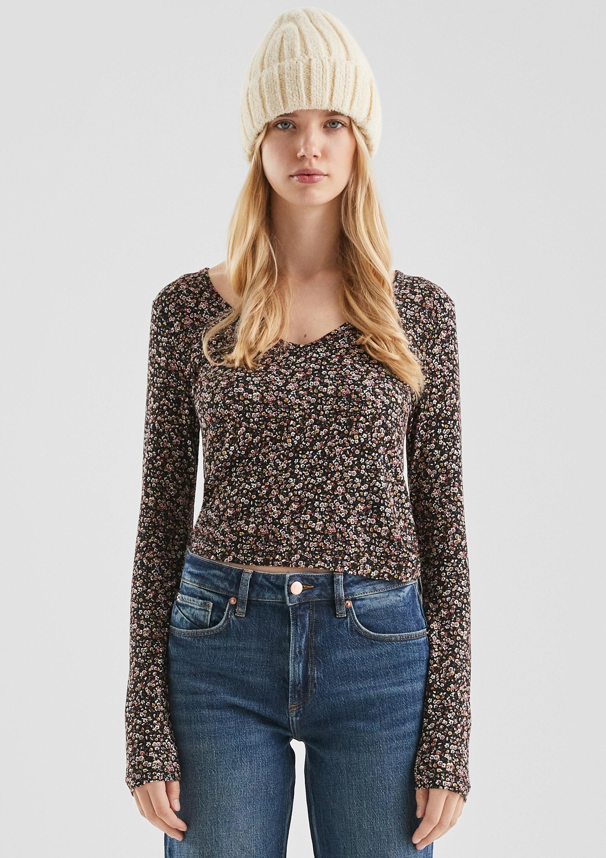 QS Langarmshirt T-Shirt Geripptes T-Shirt aus Viskosemix mit All-over-Print günstig online kaufen