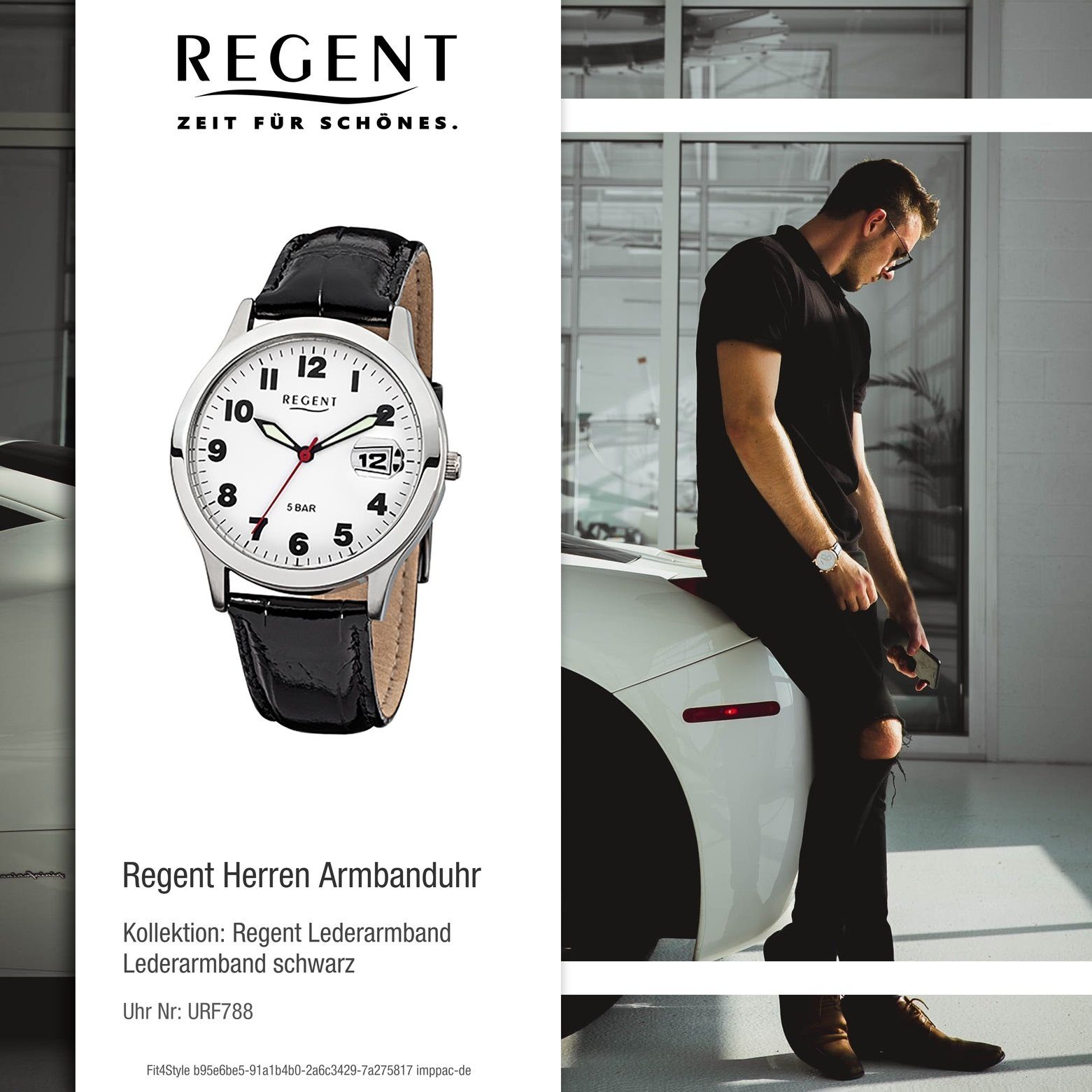 Lederarmband Regent 39mm), Herren mittel Armbanduhr Analog, rund, Quarzuhr schwarz Herren-Armbanduhr (ca. Regent
