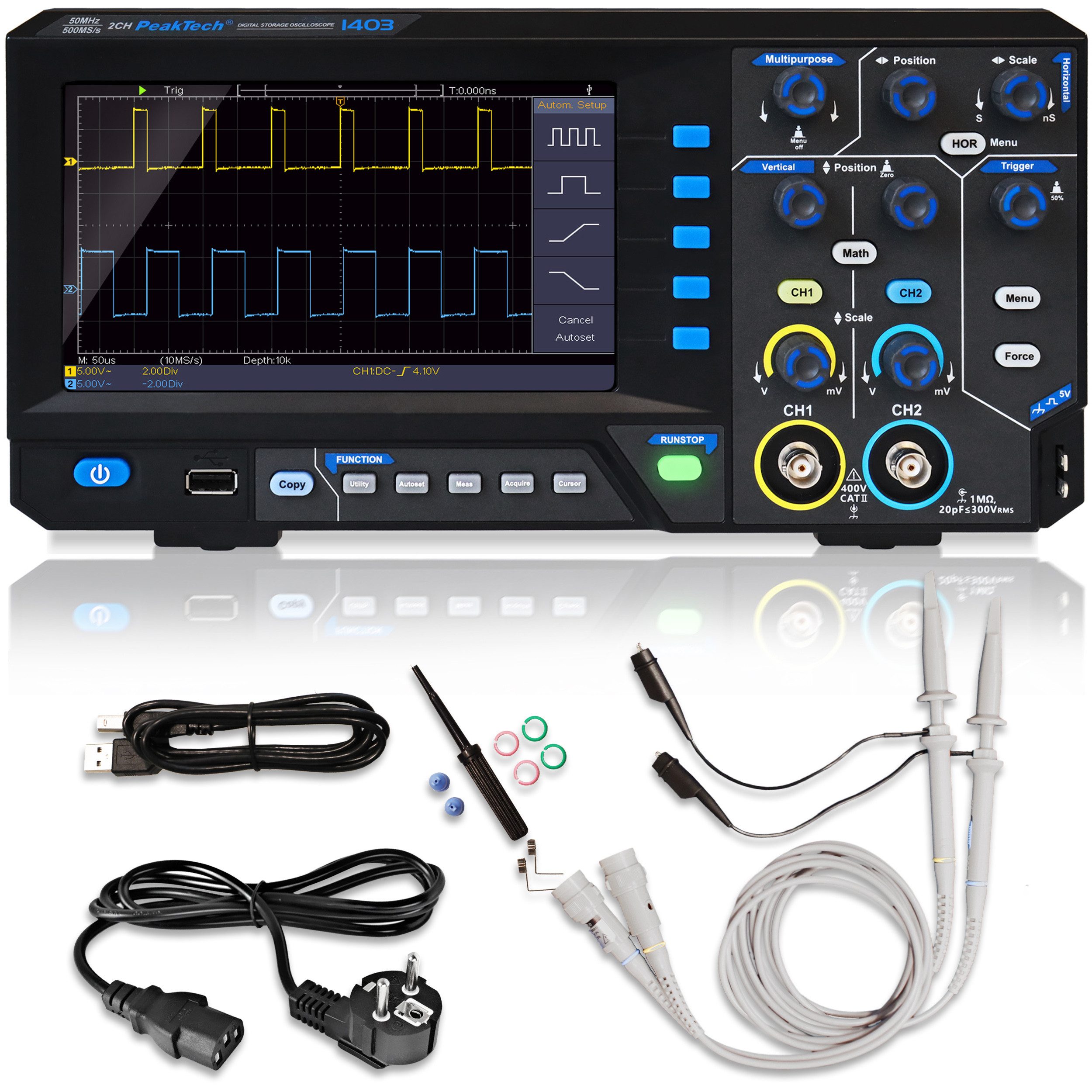 PeakTech Spannungsprüfer 2-Kanal Digitales Oszilloskop, 50 MHz