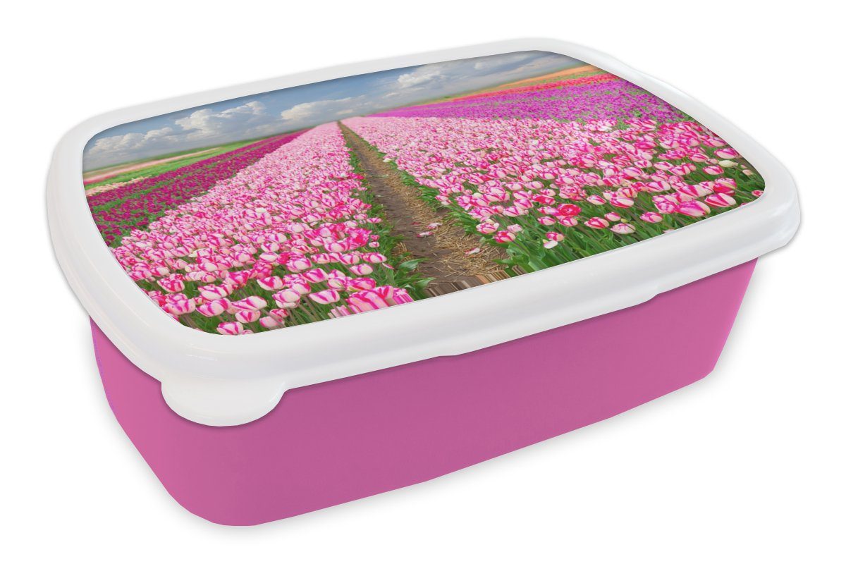 MuchoWow Lunchbox Tulpen - Sonne - Frühling, Kunststoff, (2-tlg), Brotbox für Erwachsene, Brotdose Kinder, Snackbox, Mädchen, Kunststoff rosa