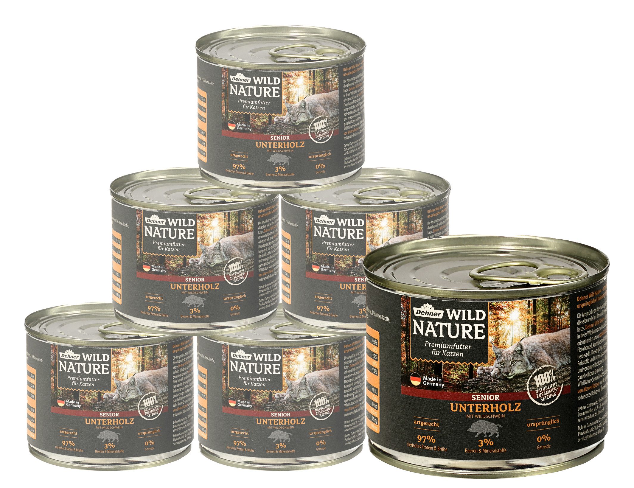 Dehner Wild Nature Unterholz Senior Wildschwein, 6 x 200 g / 400 g Dose Wildschwein, Nassfutter für: Katze, Nassfutter für ältere Katzen, getreidefrei / zuckerfrei