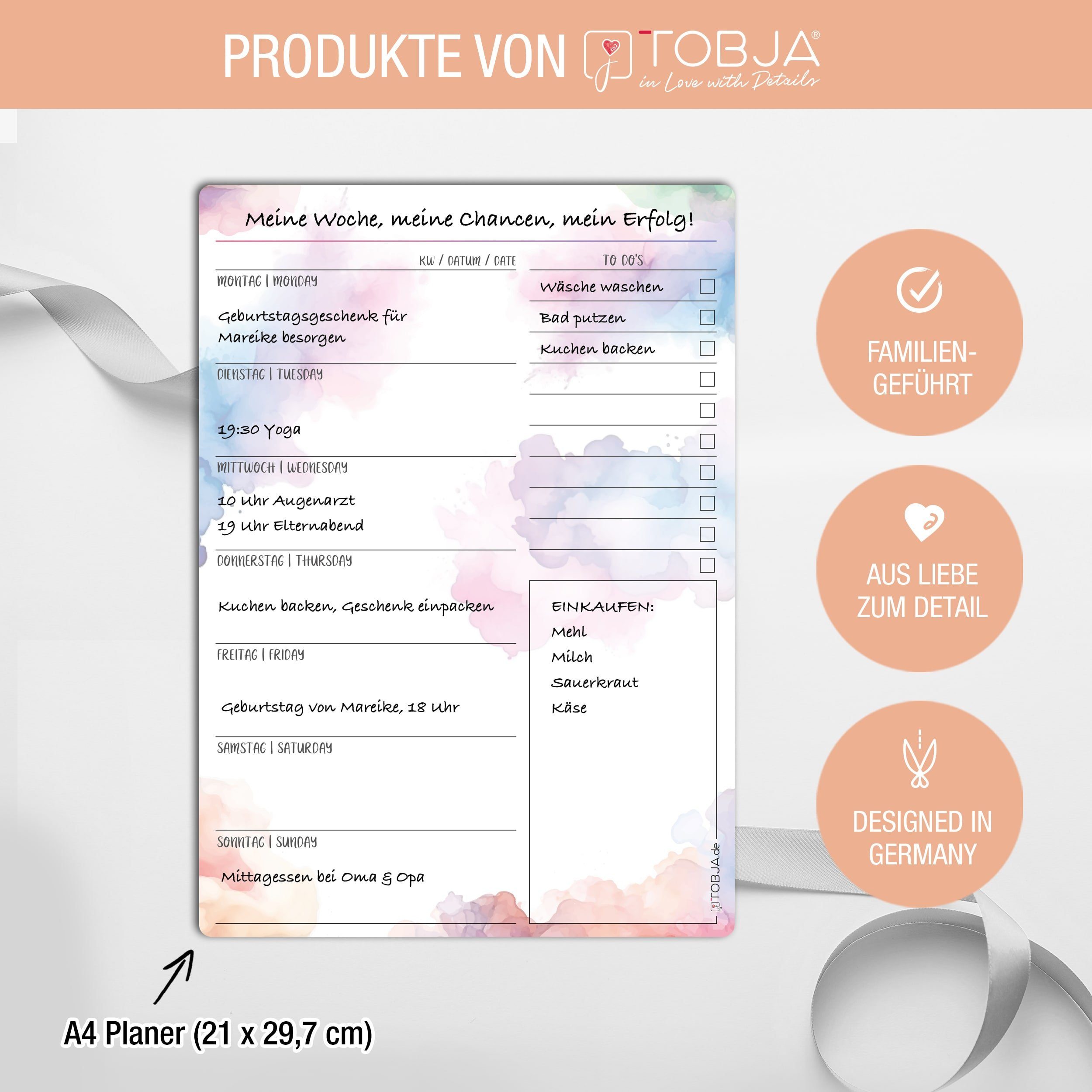 TOBJA Memoboard Einzigartiger Essensplaner - wiederablösbar, nass zu reinigen, (Packung), Haftet auf allen Oberflächen, wieder ablösbar, Wochenplaner