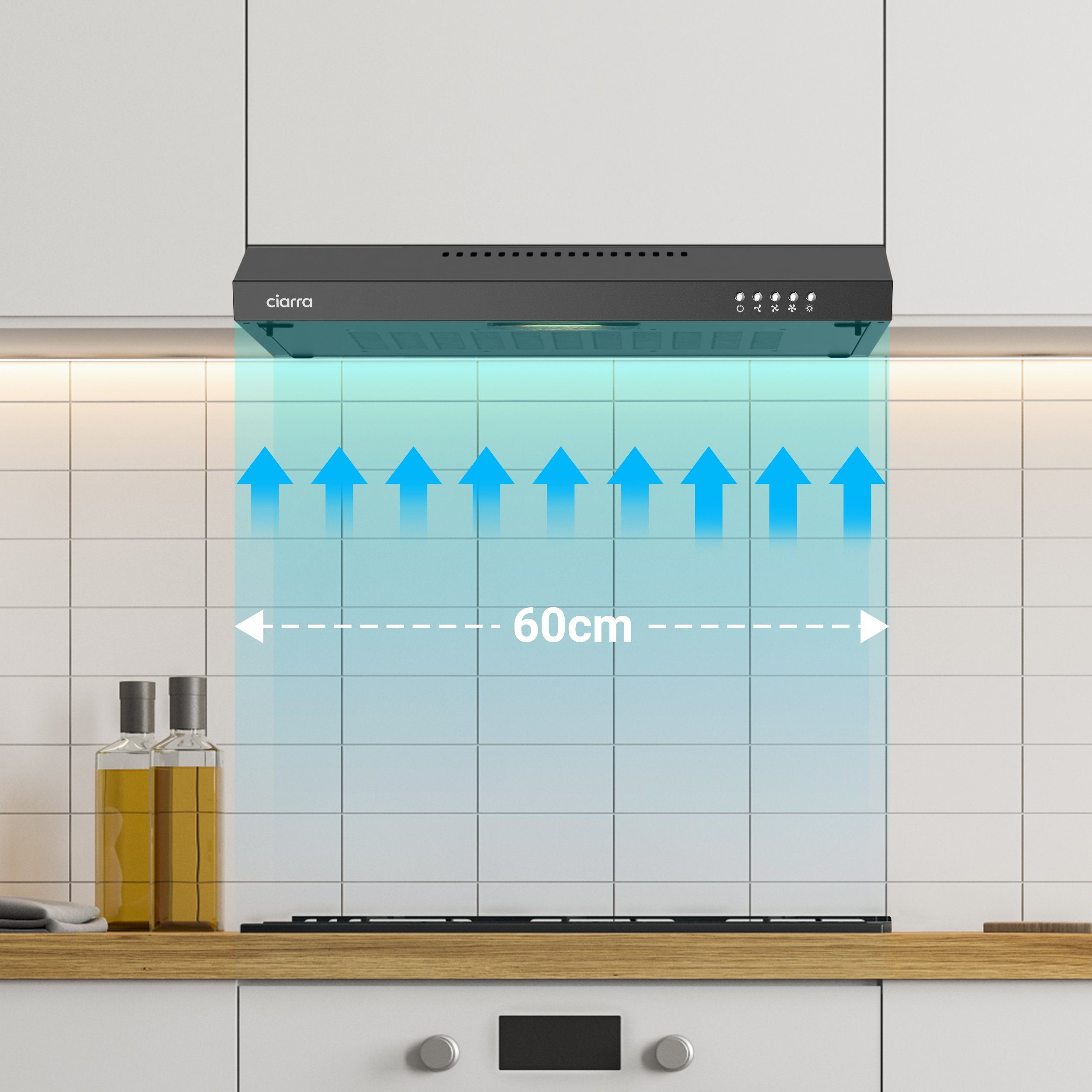 CIARRA Unterbauhaube 60 cm Dunstabzugshaube 220 m³/h Abluft & Umluft 3 Stufen CBCB6903 60 cm Dunstabzugshaube 220 m³/h Abluft & Umluft 3 Stufen CBCB6903, Leise Abzugshaube mit Metallfilter & Kohlefilter, LED, 62 dB, Schwarz