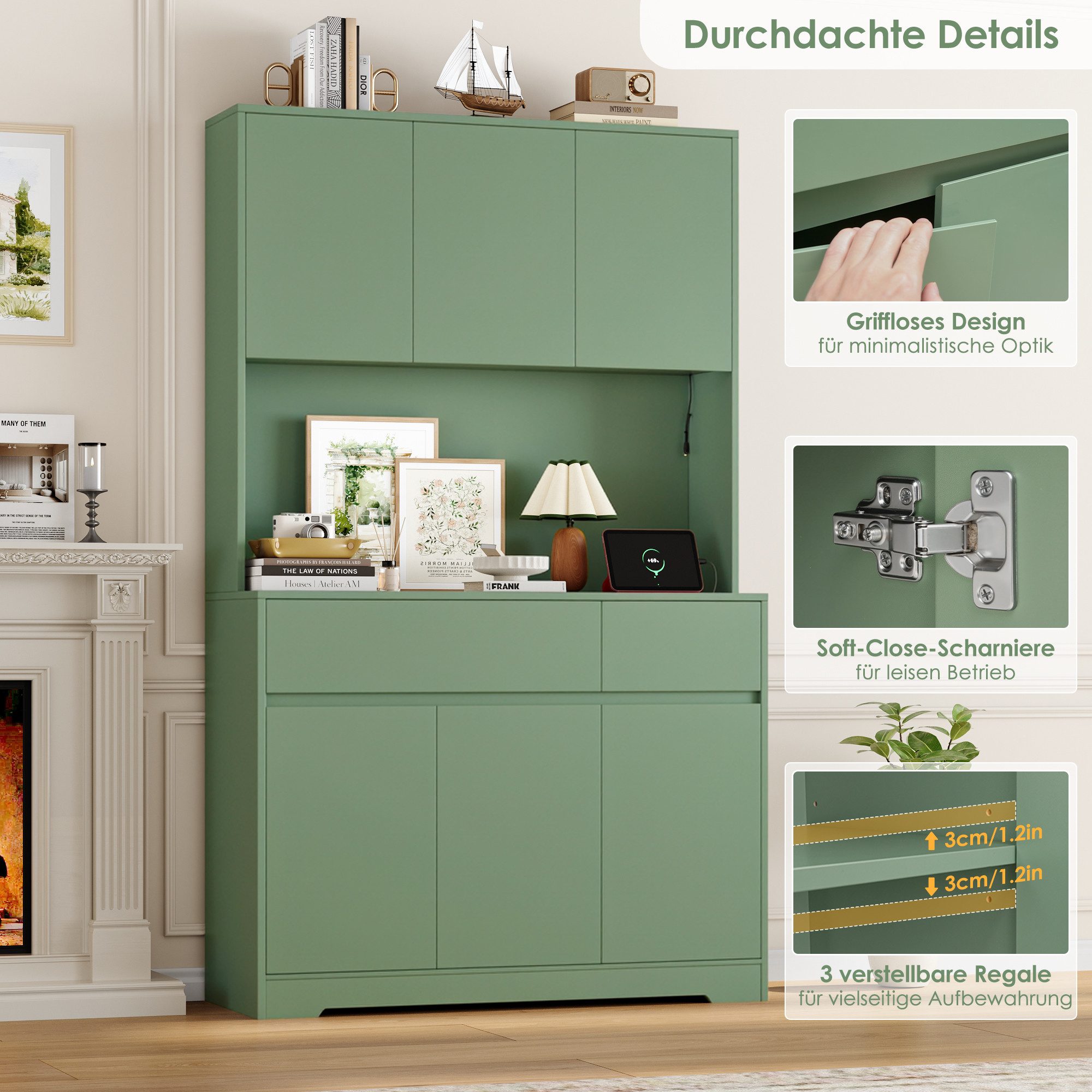 Homfa Küchenbuffet Küchenschrank mit LED Buffetschrank mit Steckdosen Hochschrank mit Arbeitsplatte, 6 Türen und Schubladen – Bild 5 von 5