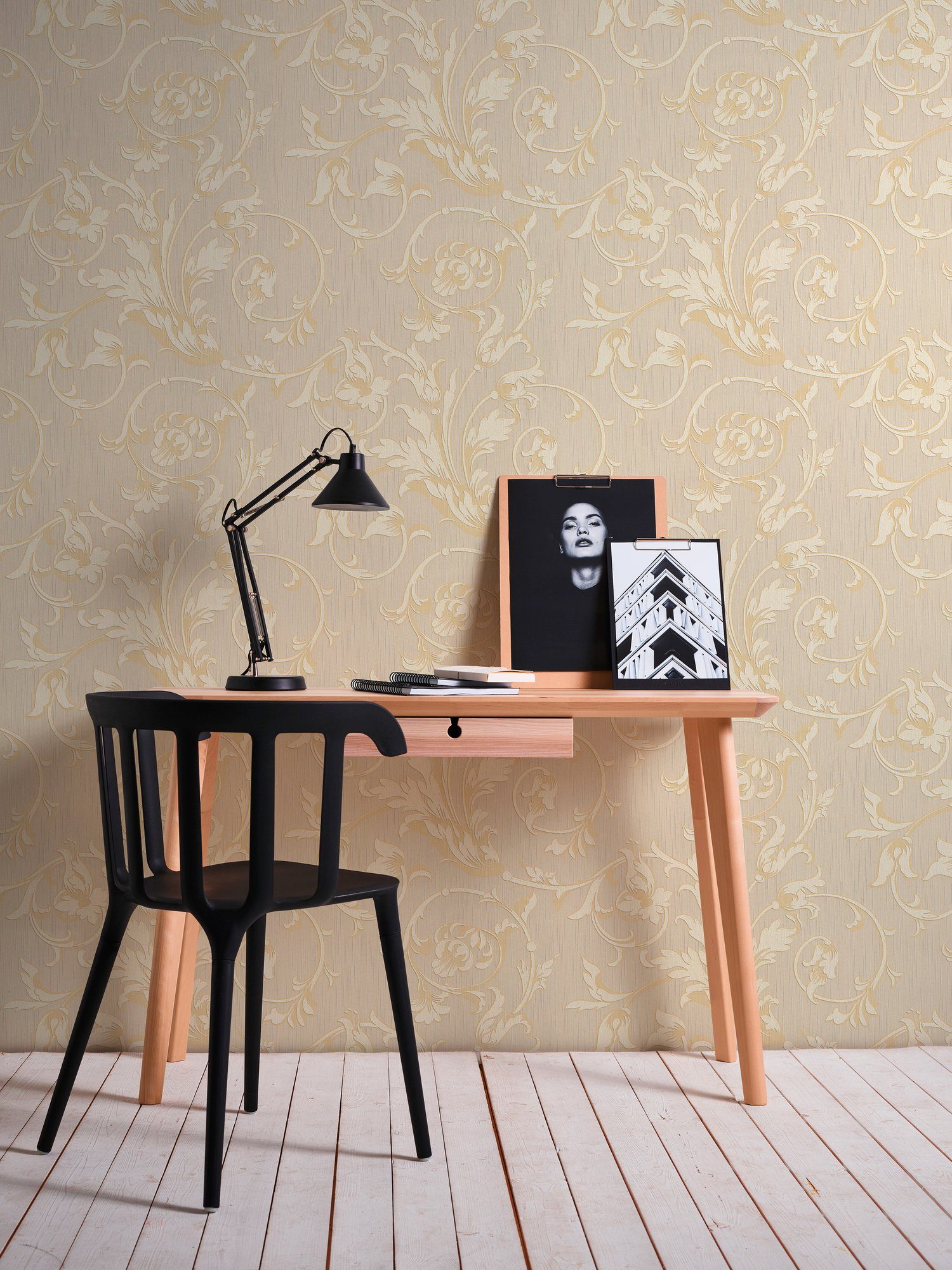 A.S. Tessuto, floral, Textiltapete Tapete Paper samtig, Floral creme/gold/beige Création Barock, Blumen Architects