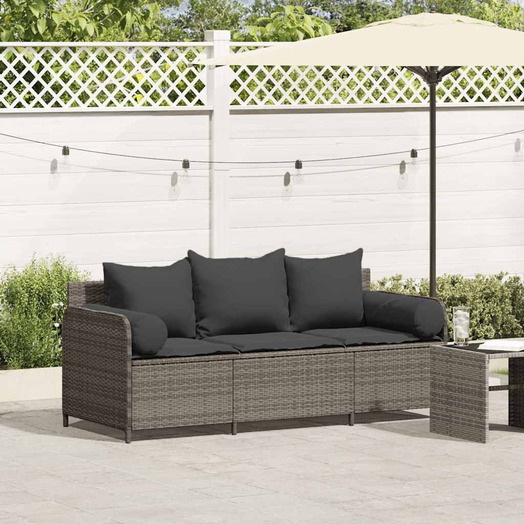 vidaXL Loungesofa Gartensofa mit Kissen 3-Sitzer Grau Poly Rattan, 1 Teile