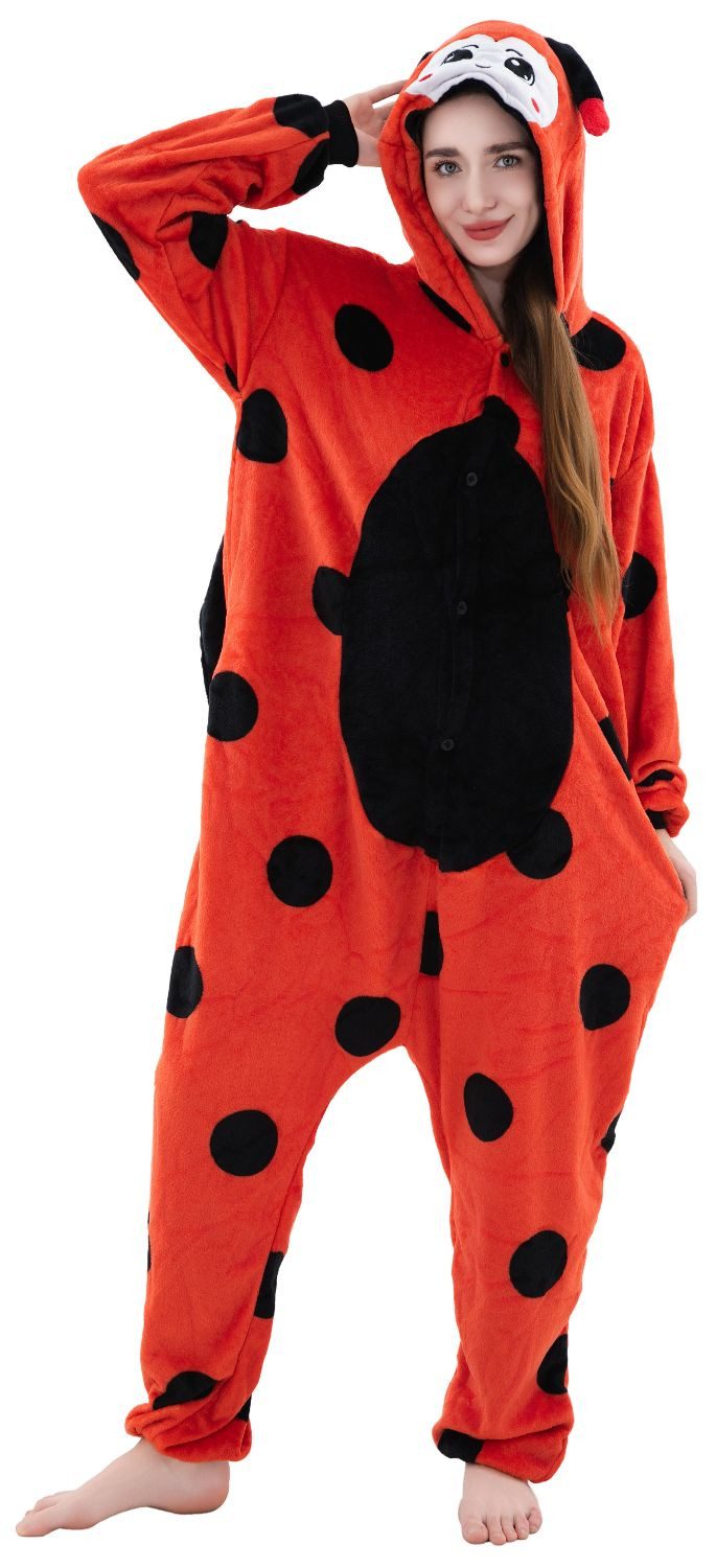 Corimori Partyanzug Onesie Ganzkörper Kostüm für Erwachsene, Marienkäfer-Kostüm Damen Herren Karneval Tier-Kostüme Marienkäfer,L
