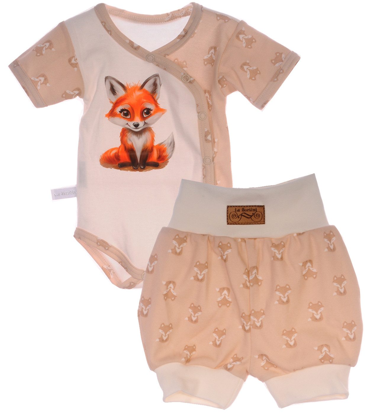 La Bortini Body & Shorts Wickelbody und Shorts Baby Anzug 2tlg Set neutral in Beige aus reiner Baumwolle, 44 50 56 62 68 74 80 86 92 98