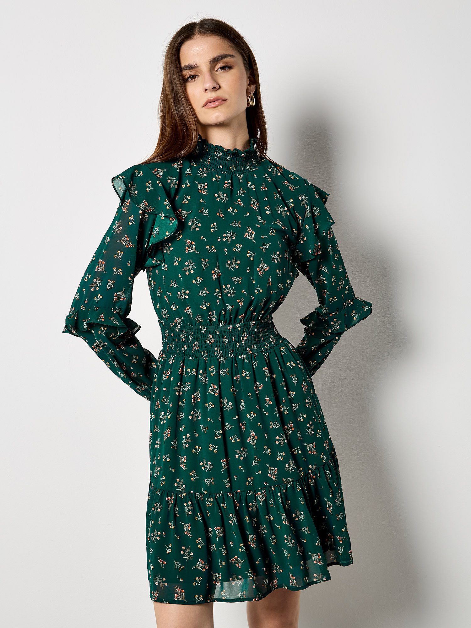 Apricot Druckkleid Blumen-Minkleid mit Rüschen