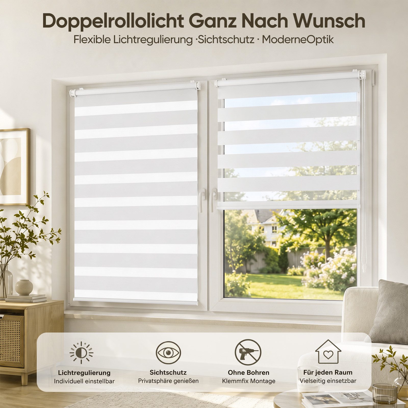 Doppelrollo Doppelrollo Rollos für Fenster ohne Bohren oder mit Bohren, Sekey, Klemmfix, für Fenster und Tür, freihängend mit Klemmträger, Seitenzugrollo