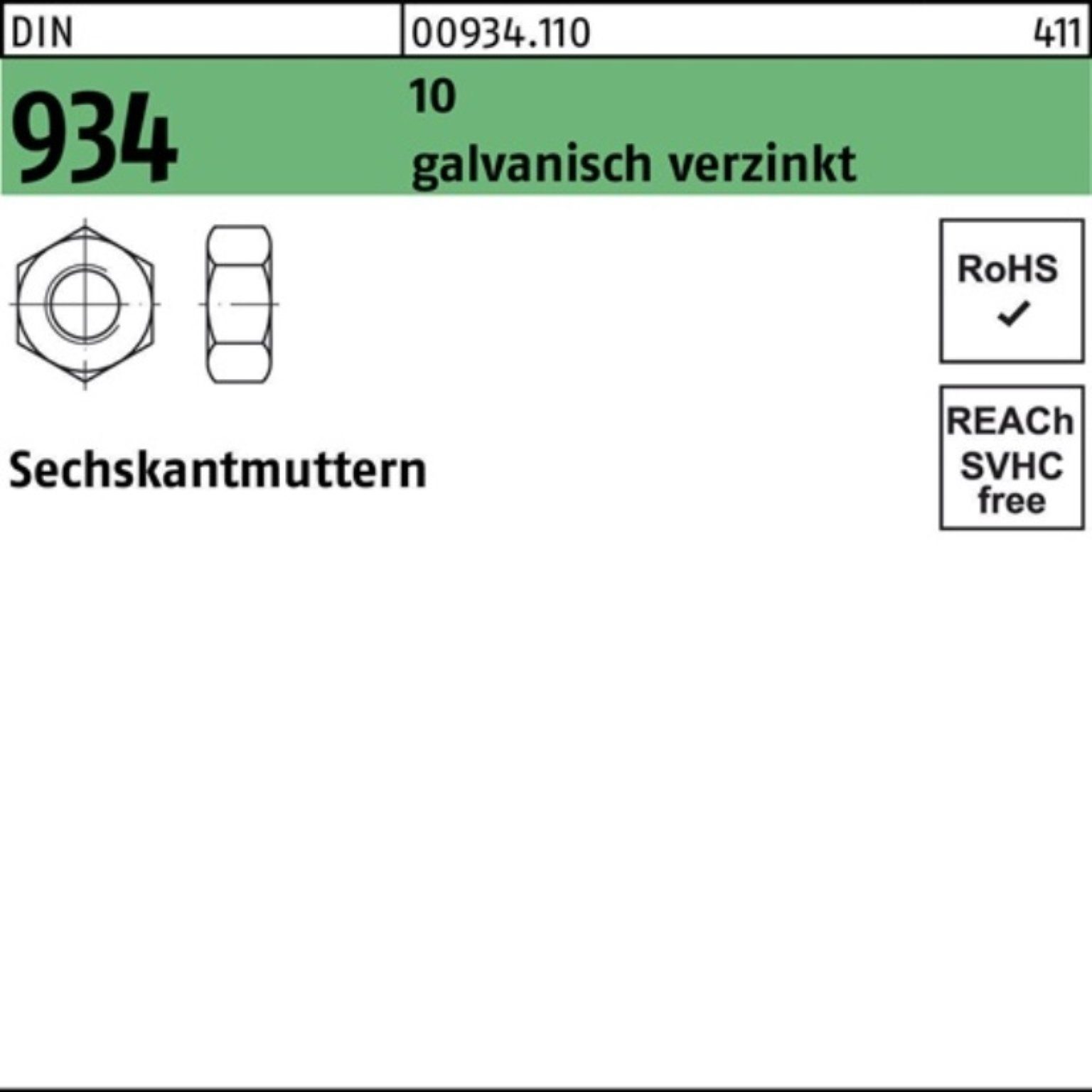 Muttern 100er Pack 009341100180000 Sechskantmutter DIN 934 M 18 10 galvanisch