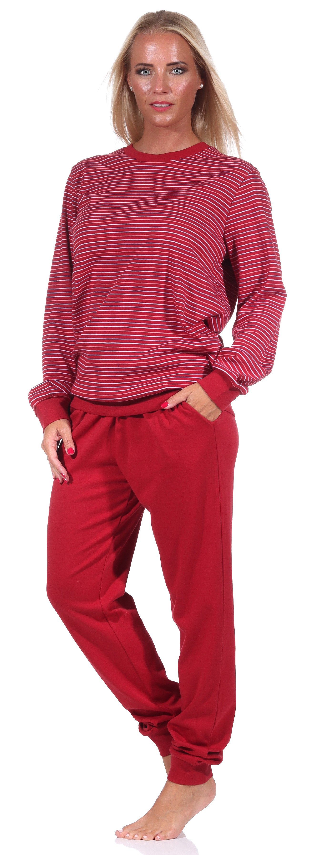 mit Streifenoptik Damen Normann Kuscheliger Bündchen rot Pyjama Interlock Schlafanzug in