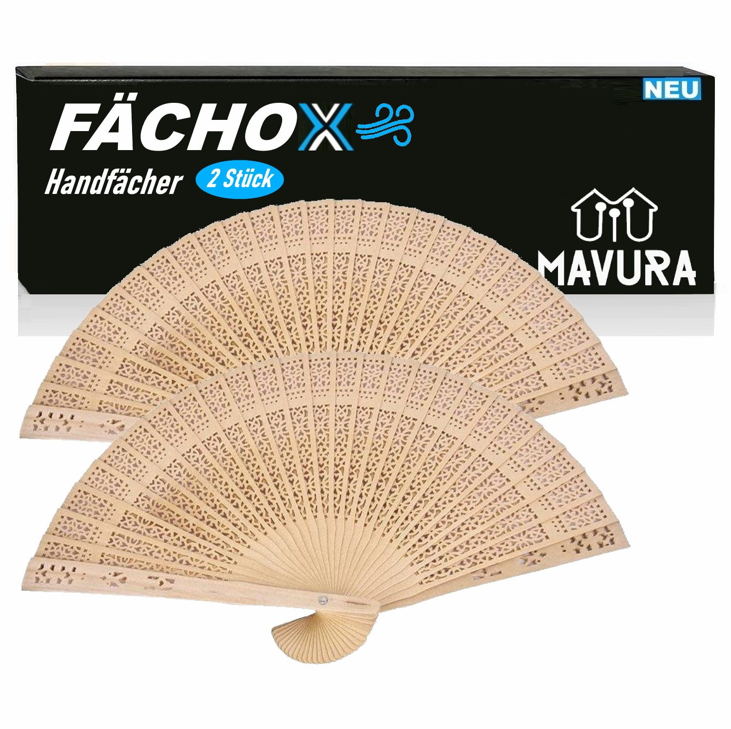 MAVURA Handfächer FÄCHOX Hand Fächer Set aus feinstem Sandelholz Hochzeit Fasching Holz, Taschenfächer Tanzfächer Windfächer Klappfächer Holzfächer [2er Set]