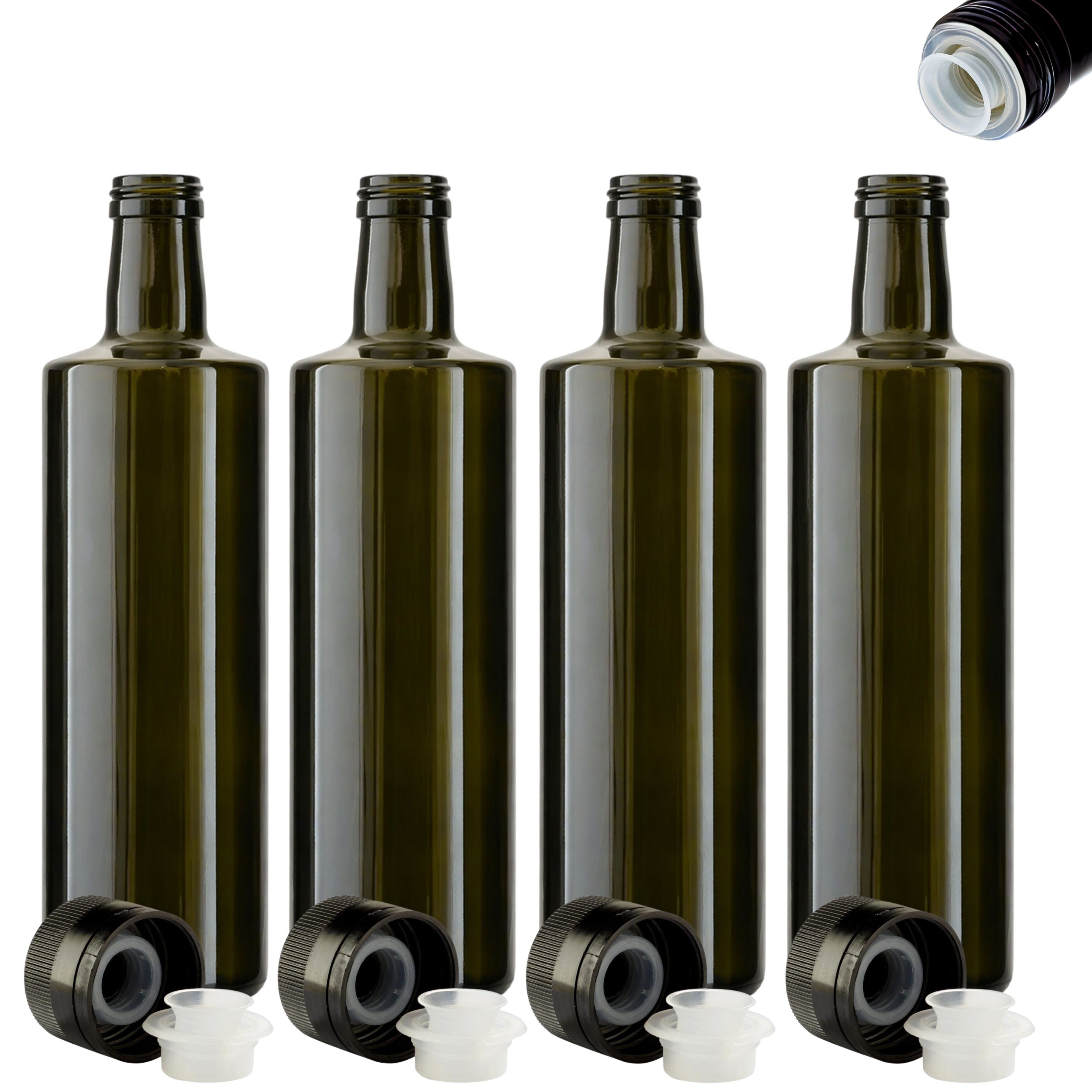 mikken Ölspender 4 Ölflaschen 500 ml Antikglas mit Ausgießer und Etiketten, (Ölflaschen-Set), Leere Ölflasche zum Befüllen 0,5 Liter, UV-Schutz