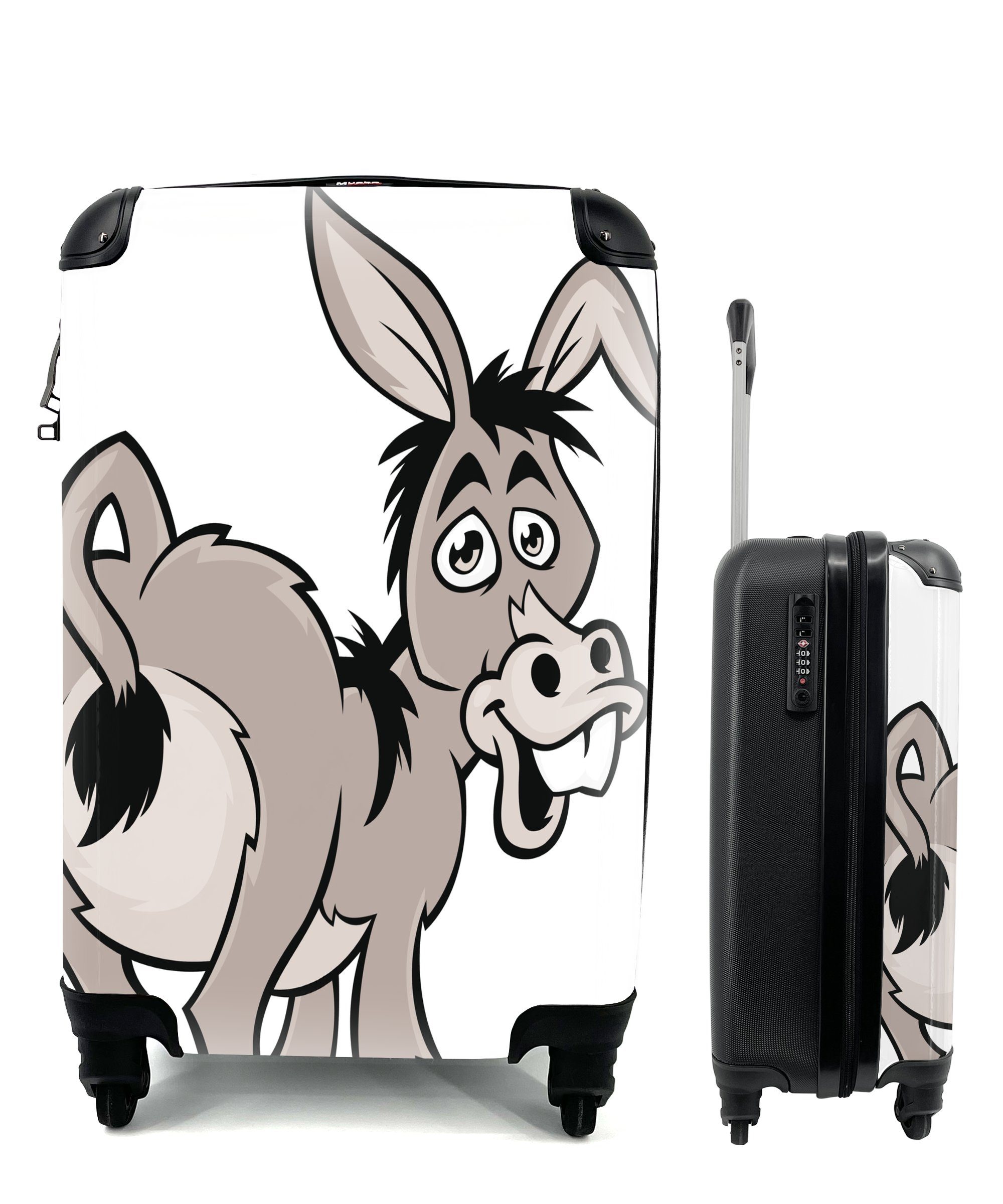 MuchoWow Handgepäckkoffer Cartoon-Illustration eines Esels, 4 Rollen, Reisetasche mit rollen, Handgepäck für Ferien, Trolley, Reisekoffer