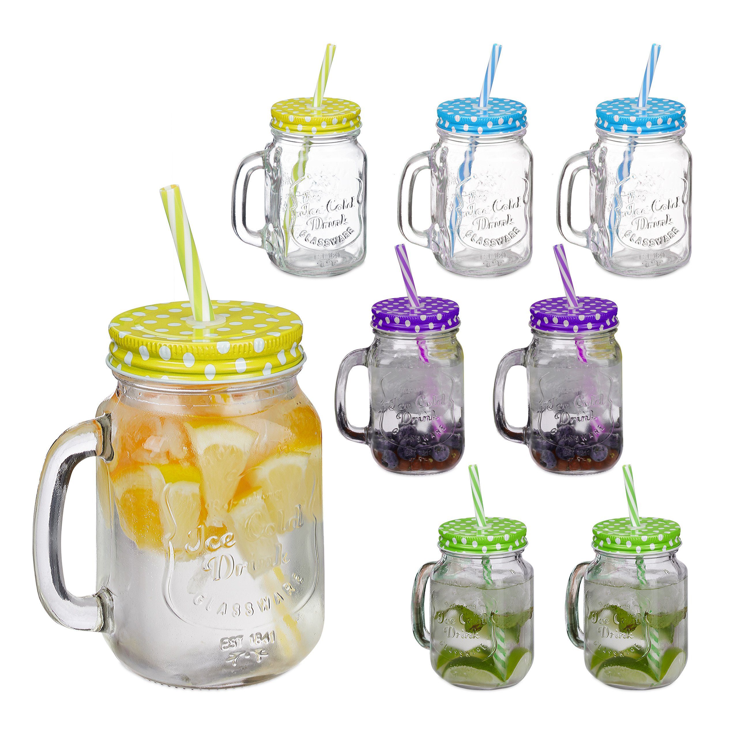 Gläser-Set Bunte Trinkgläser mit Deckel 8er Set