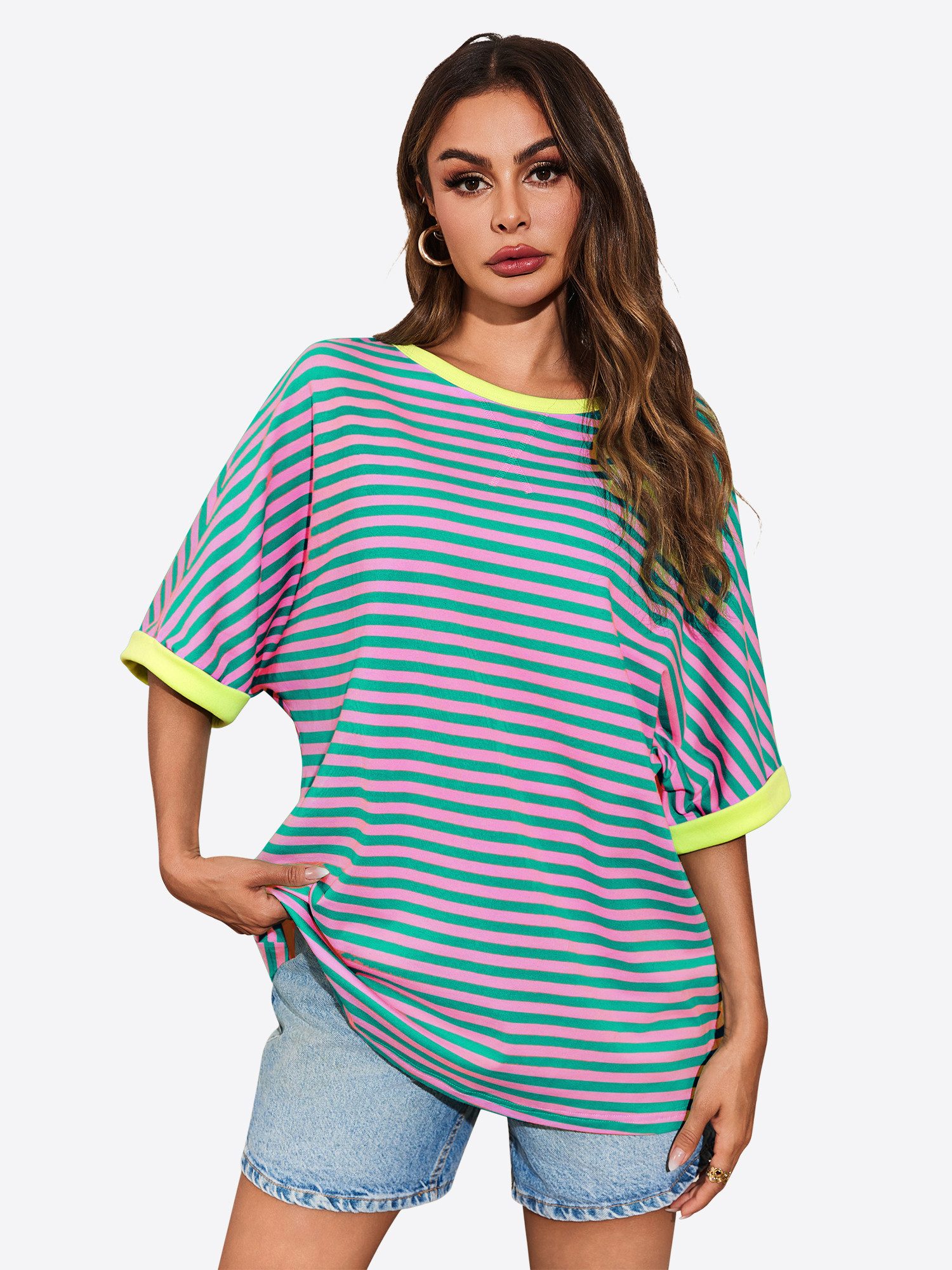 Imily Bela T-Shirt Damen Oversize Streifenmuster und Kontrastborten Relaxed Fit (Packung, 1-tlg., 1per-Pack) mit X-förmige Naht am Hundhalsausschnitt