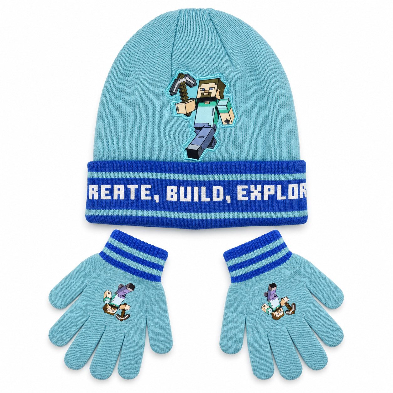 Minecraft Jerseymütze Minecraft Steve Kinder 2tlg Set Wintermütze Mütze plus Handschuhe Gr. 54 bis 56