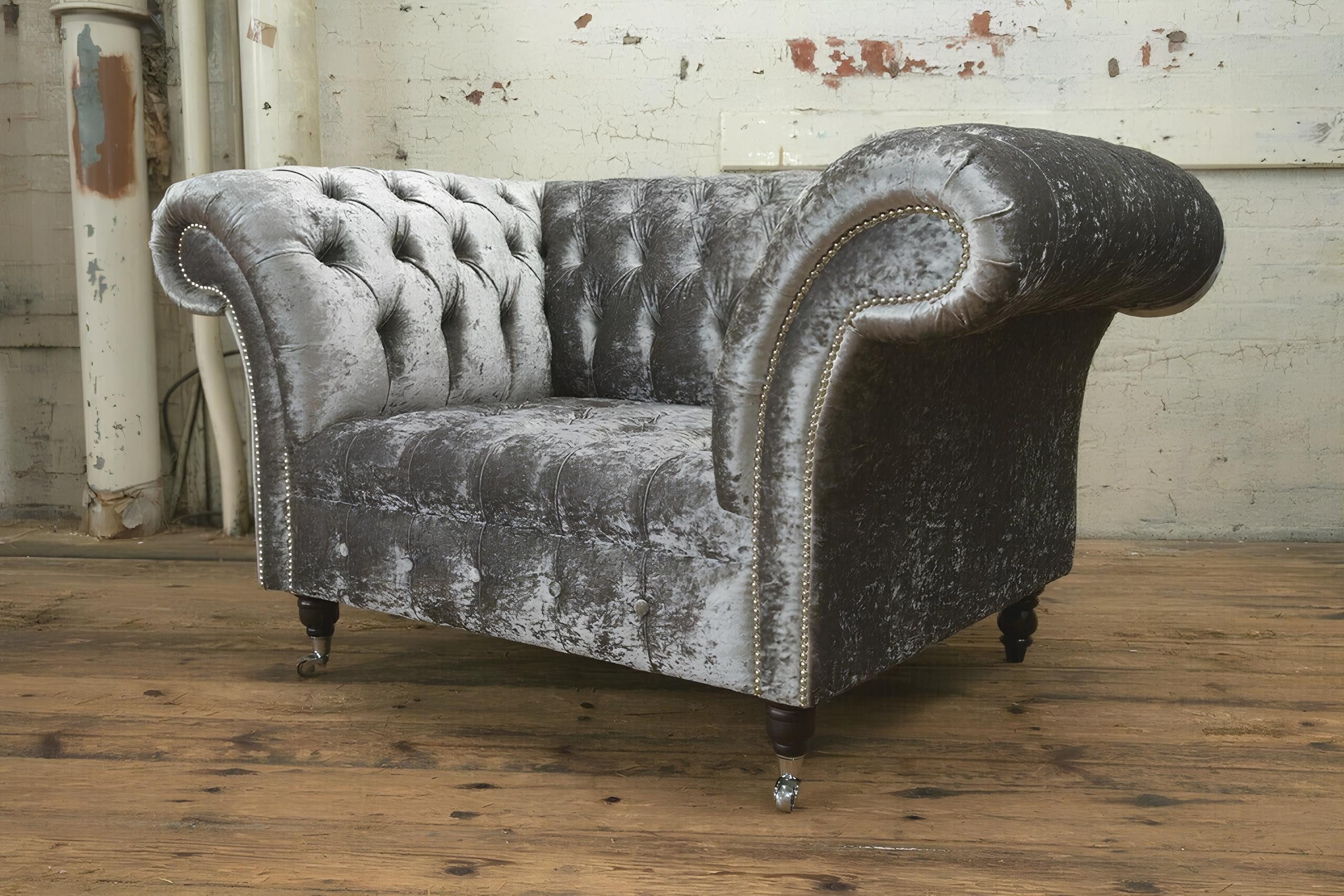 Xlmoebel Chesterfield-Sofa Einzelner Sitzmöbel in Silber mit Chesterfield-Stil aus Textil- und, Hergestellt in Europa